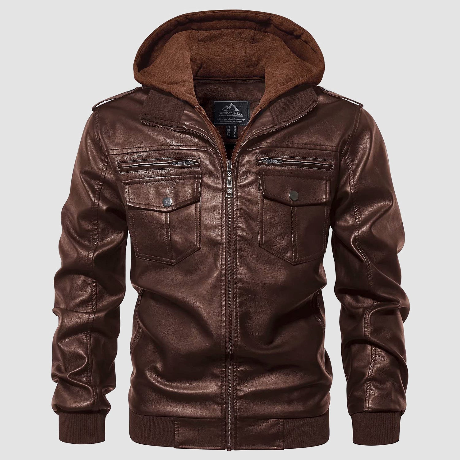 Men's PU Faux Leather Jacket Bomber Jacket with Removable Hood Motorcycle Jacket