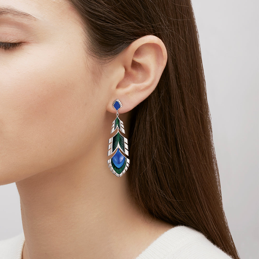BOUCLES D'OREILLES PAON - CRISTAL BLEU ET LAQUE VERTE, ARGENT