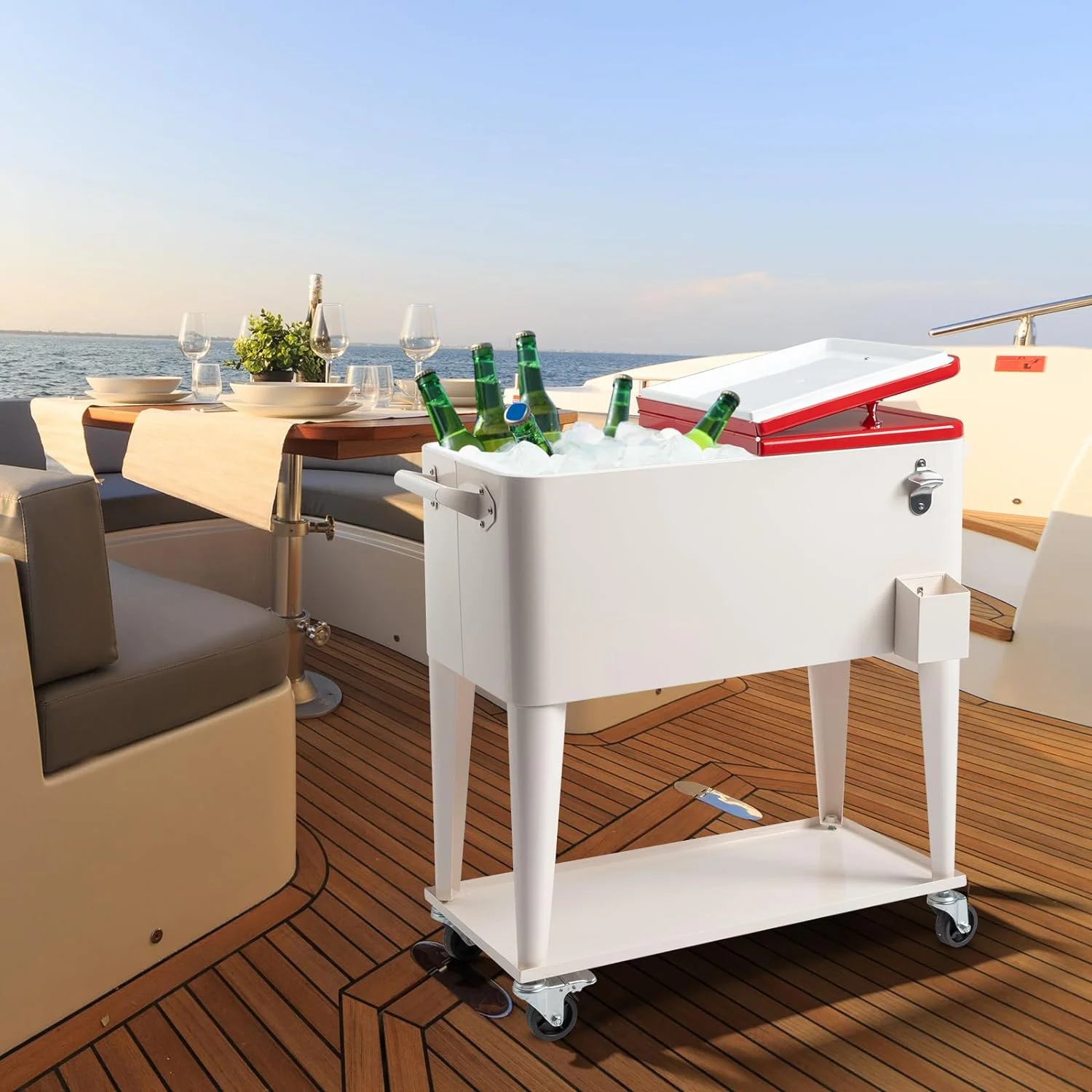 80 Quart Rolling Ice Chest, Portable Bar Drink Cooler with Catch Basin, Bottom Storage Tray and Bottle Opener for Patio Party BBQ Beach Activities - Image 24