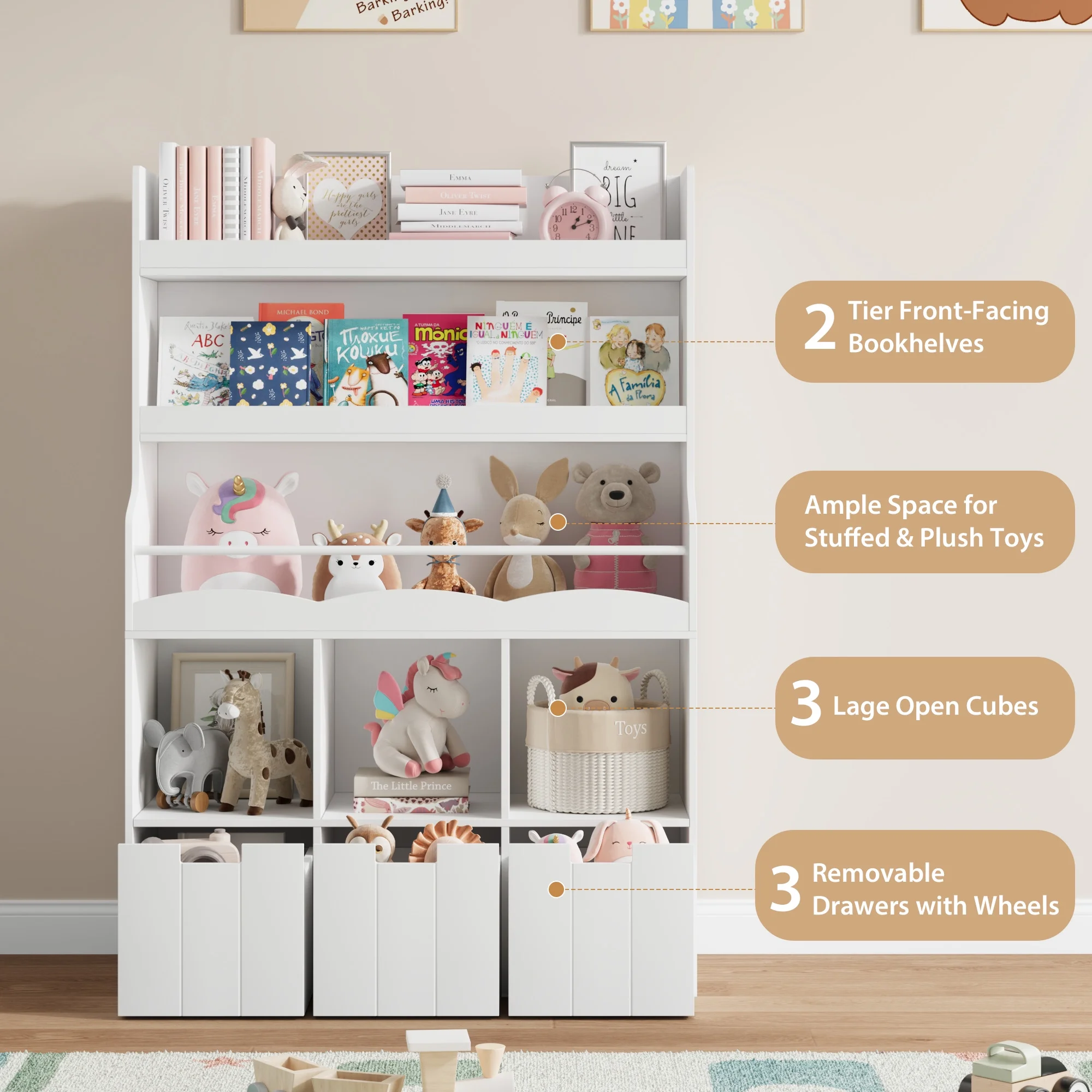 Homfa 55.5- H Kids Bookshelf with 2-Tier Book Shelves, Children Toy Organizer with 3 Cubes and Removable Drawers, White - Image 6