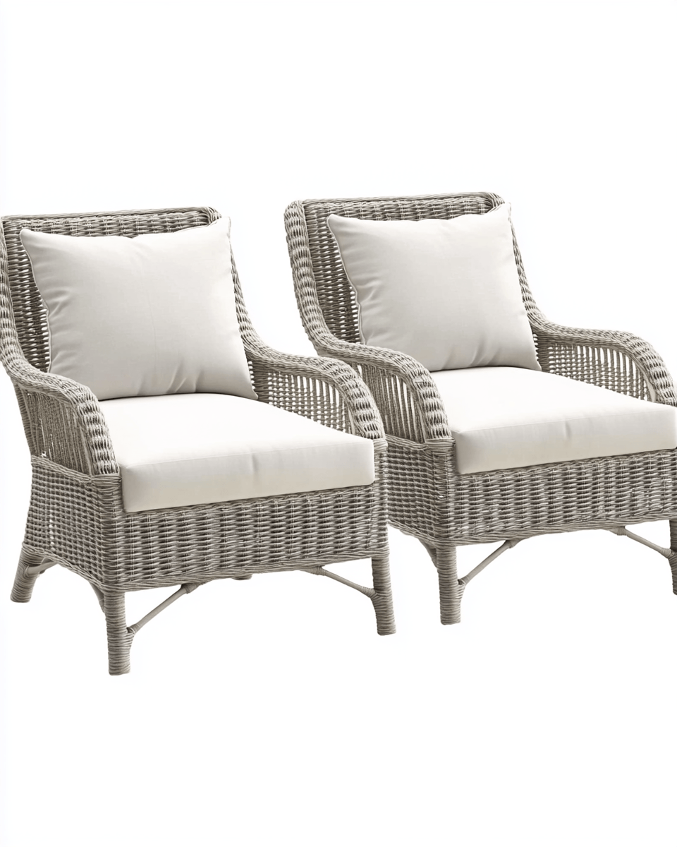 Sillón de exterior con cojines (×2) – ratán sintético gris y cojines beige – estilo clásico confortable