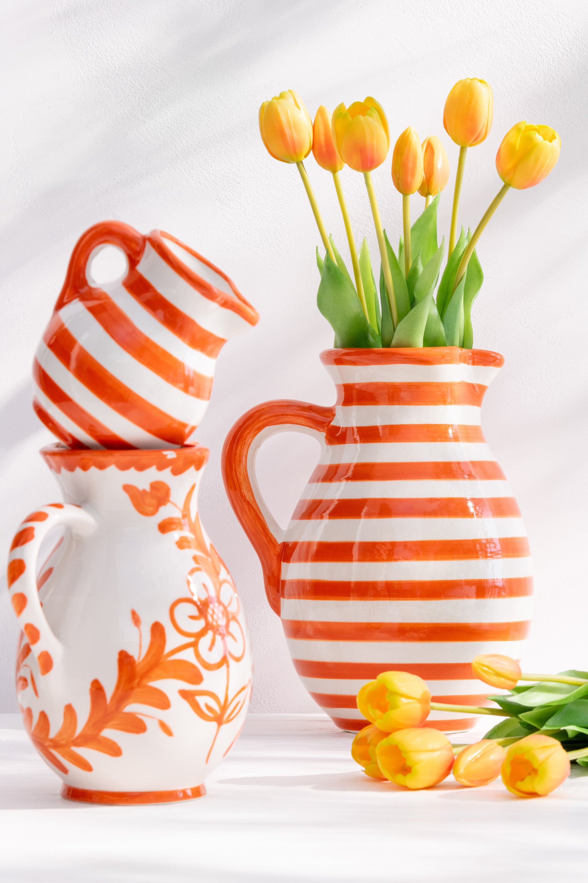 J-Line kruik Granada Stripes - keramiek - wit oranje - small