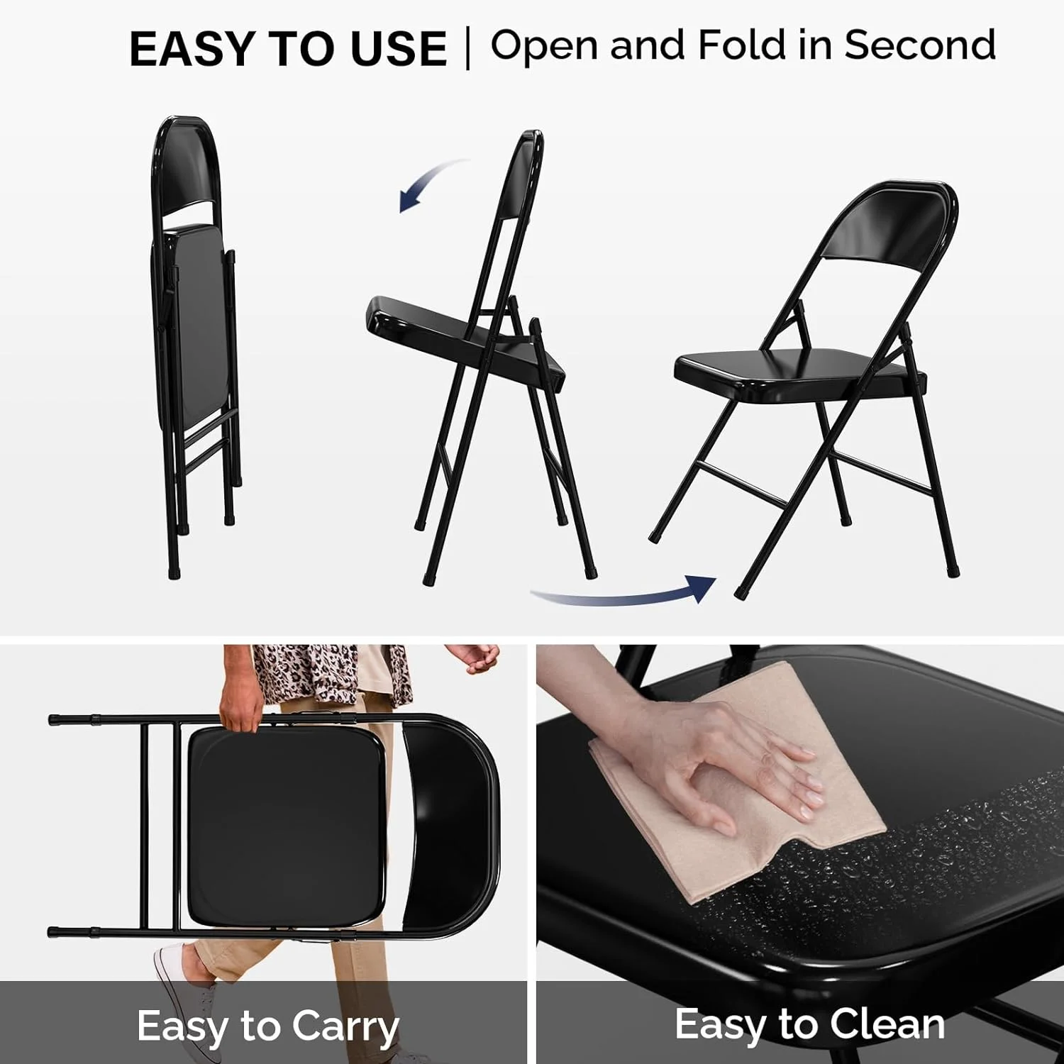 VINGLI Folding Chairs All Steel Metal Frame, Capacity 350 lbs, Durable Portable and Versatile for Indoor Outdoor Use, Black, Set of 8 - Image 2