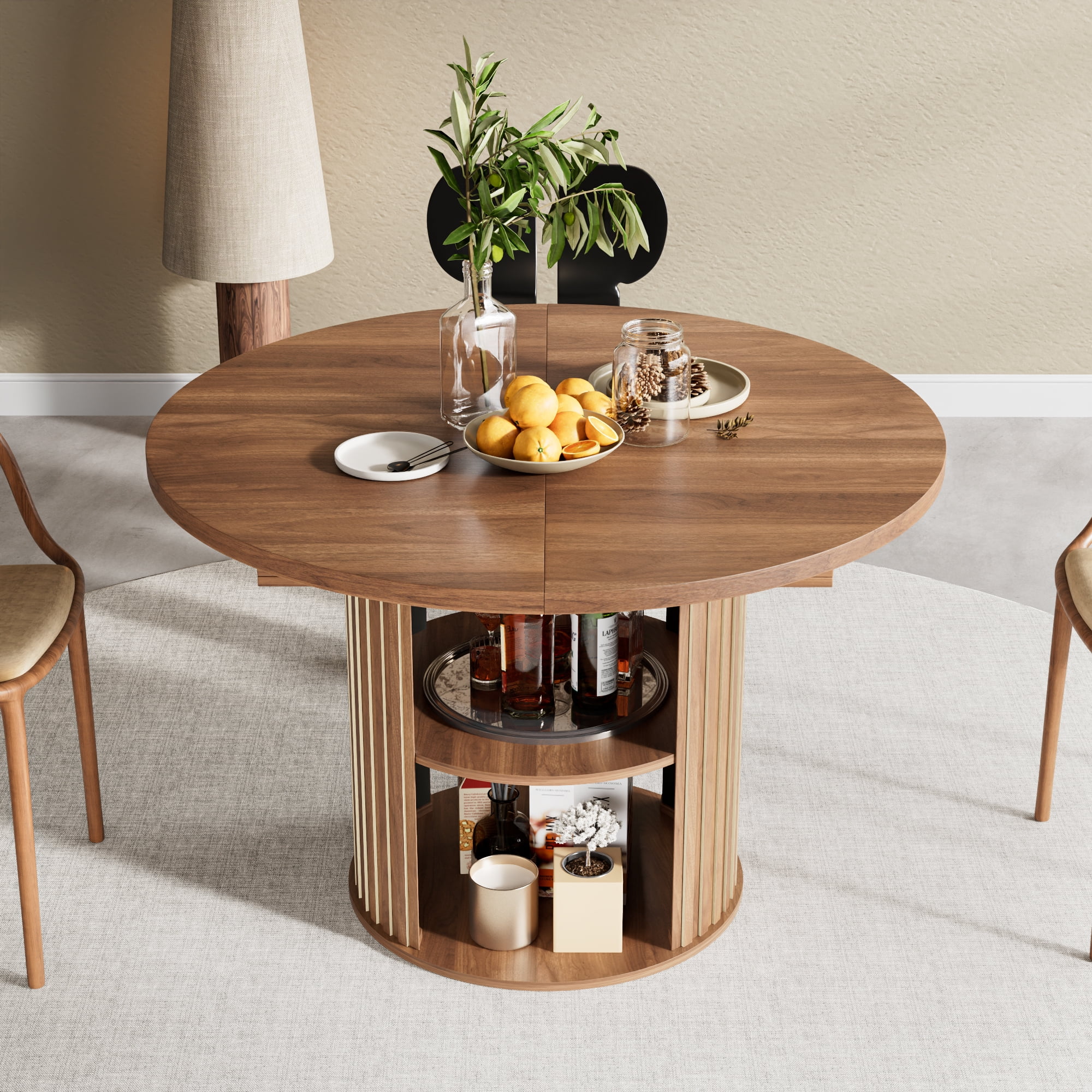 Extendable Dining Table for 4-6, Round Kitchen Table with Storage Shelf, Oval Dining Tables for Living Room (Walnut) - Image 9