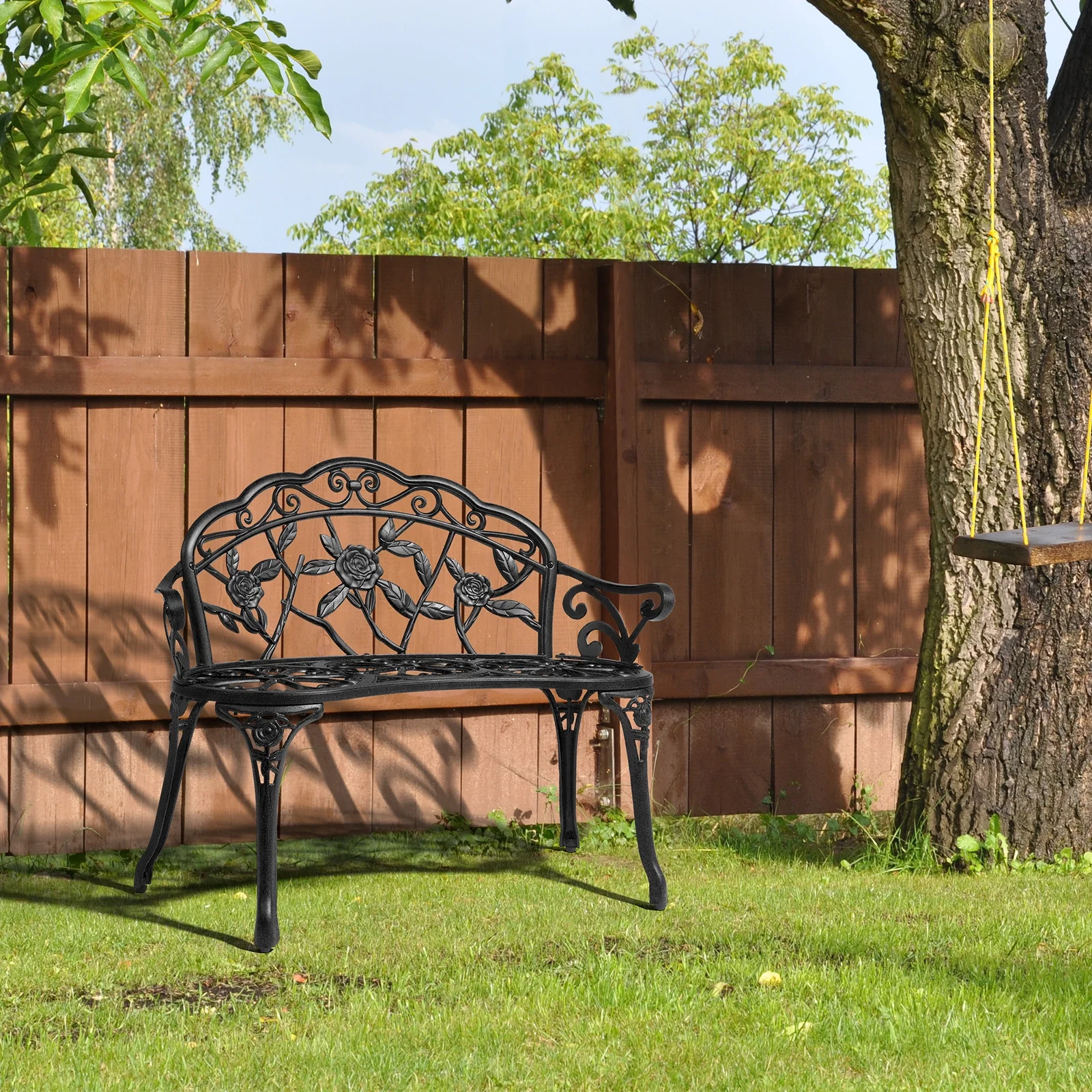 Zimtown Courtyard Park Outdoor Patio Bench Leisure Rose Cast Aluminum Chair, Metal Loveseat Bench for Garden Patio, Porch, Deck, Bronze - Image 11