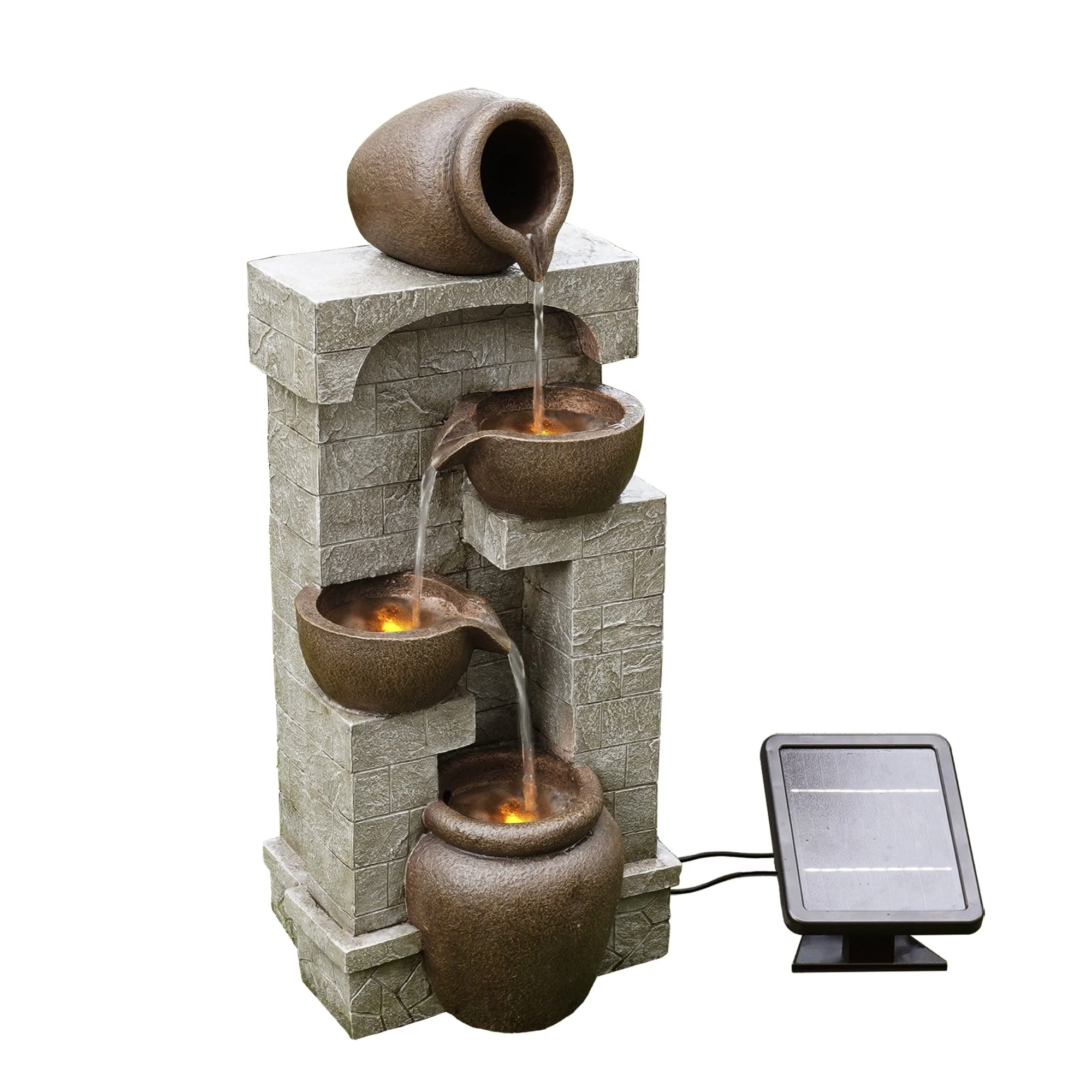 Teamson Home 28.5" Solar Powered 4-Tier Cascading Bowls & Stacked Stones Garden Water Fountain with LED Lights, Brown - Image 7