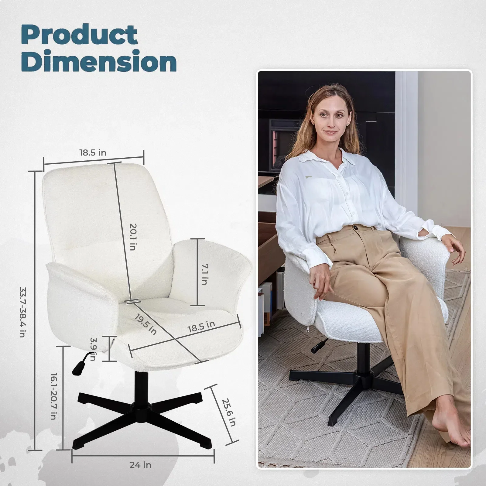 Homy Casa Ergonomic Criss Cross Leg Fabric Office Chair, Height Adjustable Wide Seat, Beige - Image 13