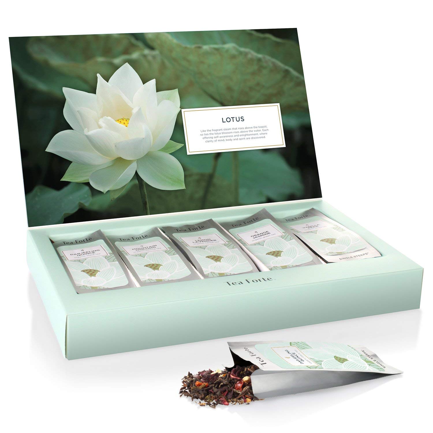 Tea Forte Single Steeps Loose Leaf Tea Sampler, Assorted Variety Tea Box, 15 Single Serve Pouches, Lotus Tea