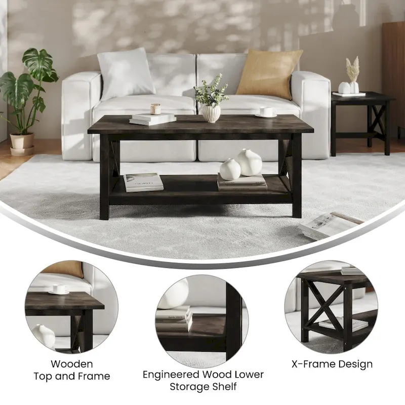Farmhouse Coffee Table with Shelf and X-Frame Design