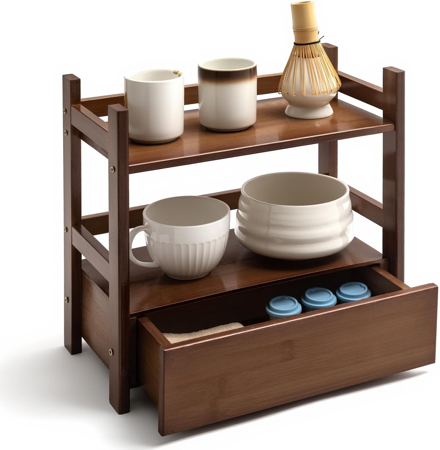 Chunful 2 Tier Matcha Station Bamboo Organizer with Hidden Drawer, Wood Home Coffee Station Organizer for Kitchen Countertops, Coffee Bars, Kitchen & Office Storage(13 L x 6.5 W x 12.6 H)(Natural)