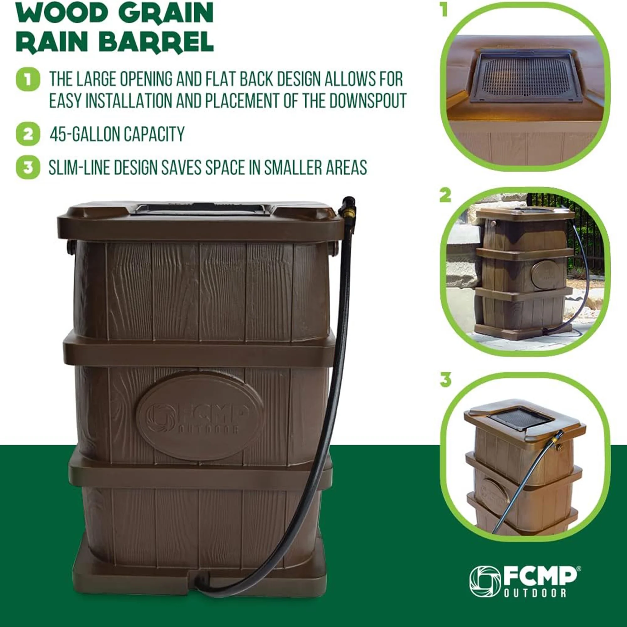 FCMP Outdoor WG4000-GRY Home Outdoor Wood Grain Rain Water Catcher Barrel - Image 5