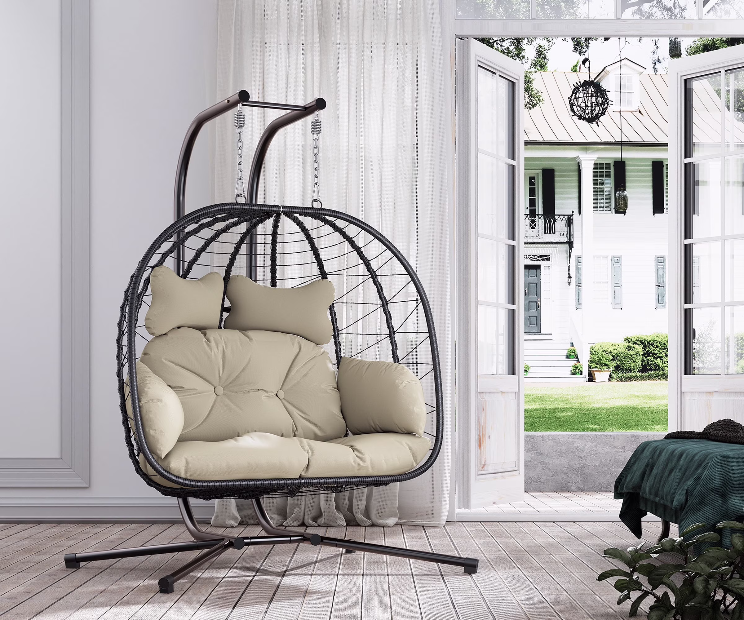Bifanuo Double Wicker Swing Egg Chair Hammock Foldable Hanging Loveseat with Stand, UV Resistant Removable Cushions, 700 lb Capacity for Bedroom, Balcony (Black and Beige)(Black and Grey)