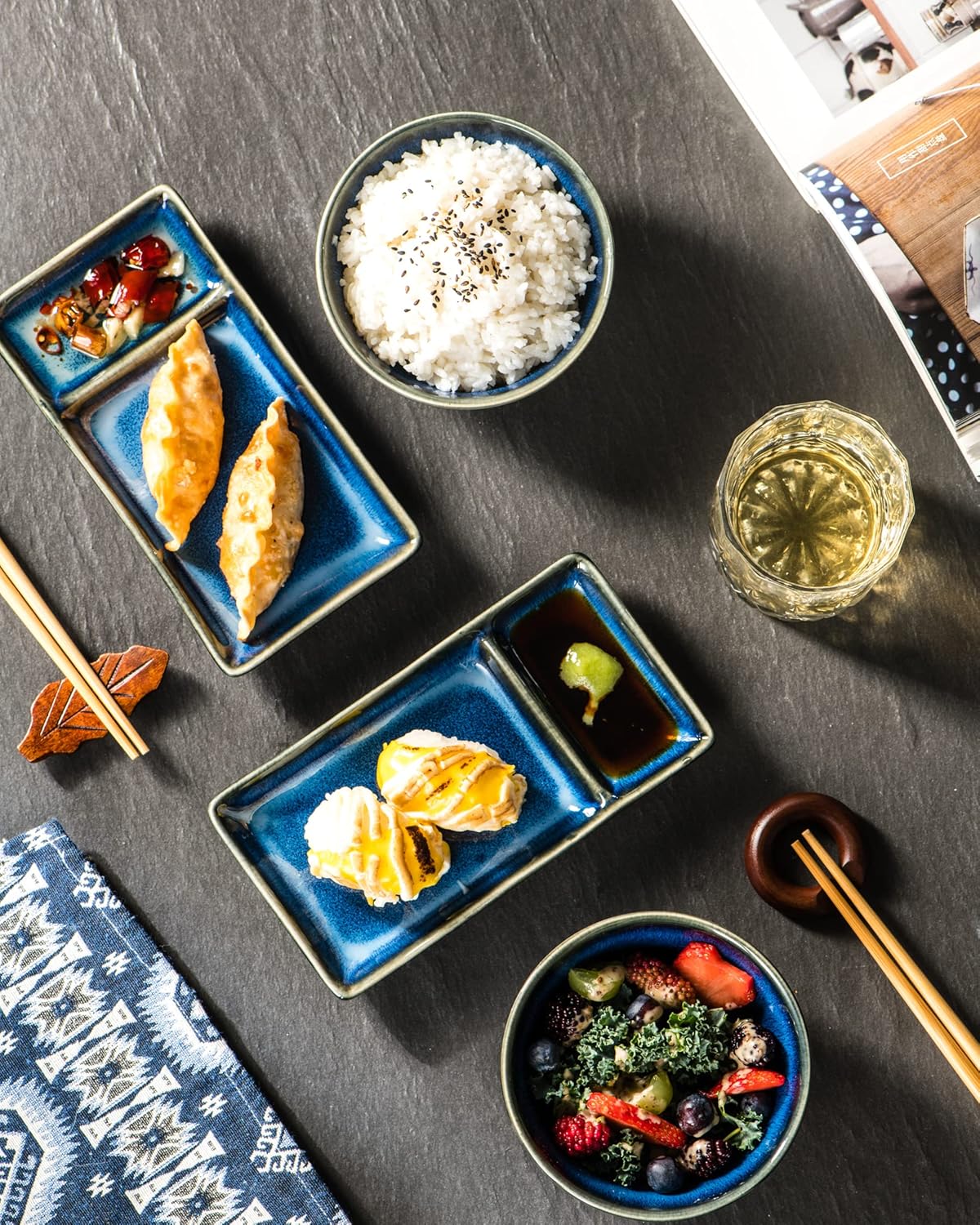 HENXFEN LEAD Ceramic Japanese Appetizer Sushi Plates and Bowls Set for 2 | 7