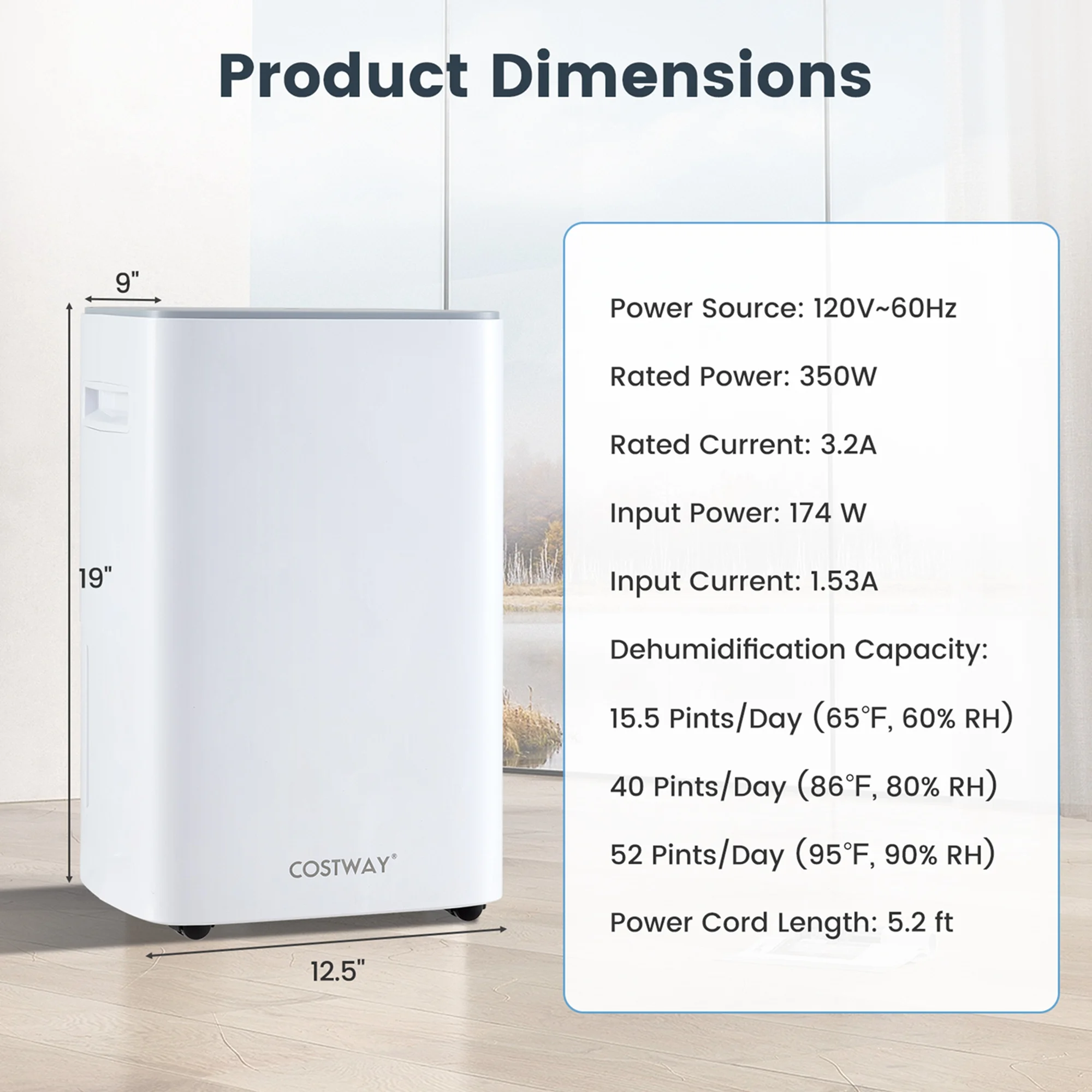 Costway 52 Pint Dehumidifier for Basement 4500 Sq. Ft Portable Dehumidifier 24H Timer - Image 3