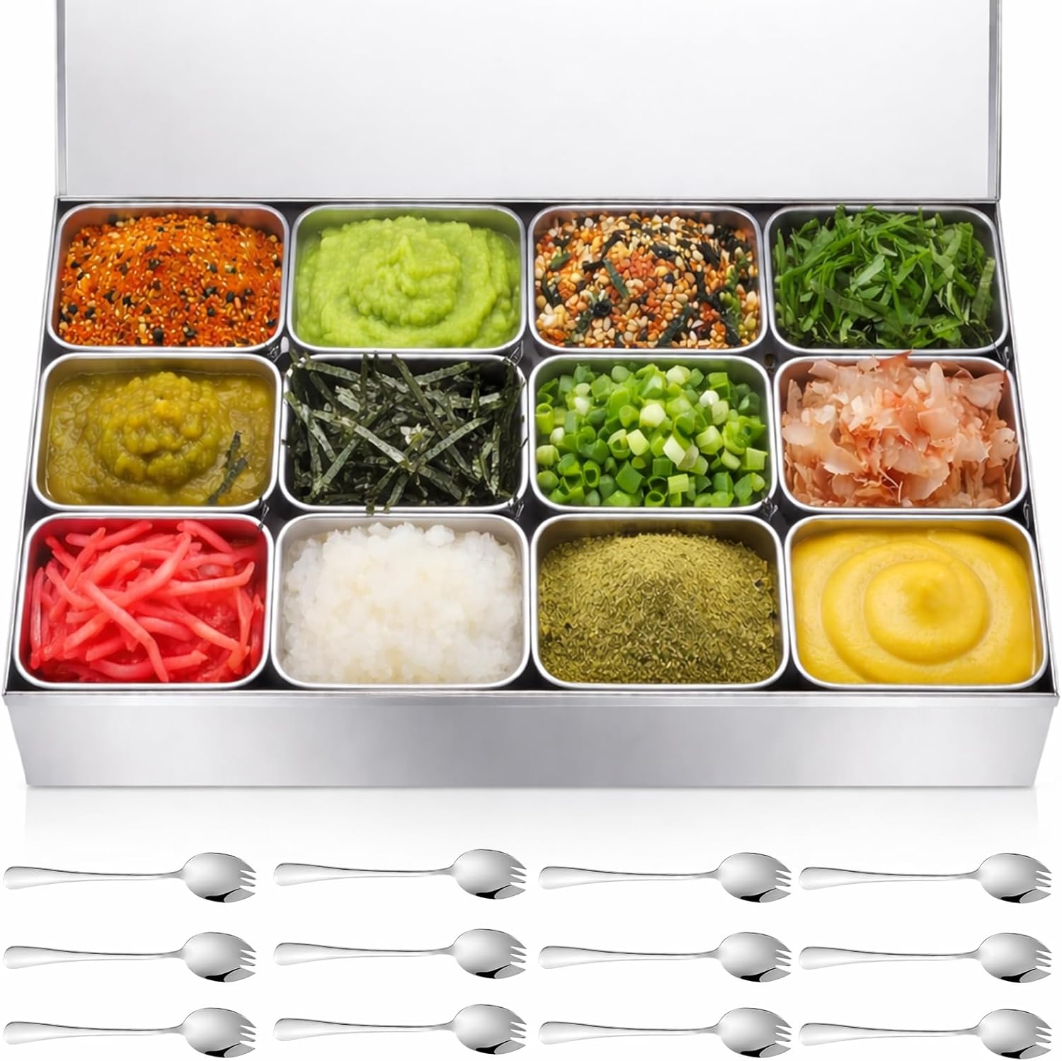 Boao 8 Compartment 304 Yakumi Pans Stainless Steel Mise En Place Japanese Yakumi Tins Seasoning Condiment Container with Lids Spoons for Food Meal Prep Organizer for Kitchen Salad Spices Herbs, Masala