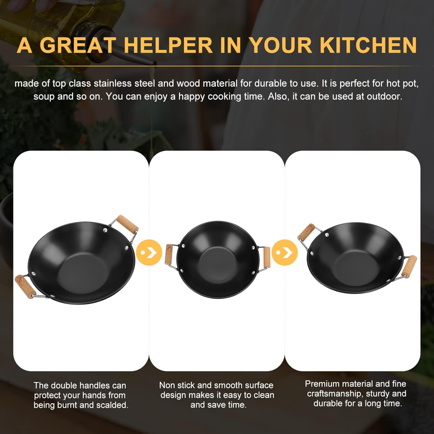 DOITOOL Japanese Shabu Pot Carbon Steel Wok Pan Stir Fry Pans with Wooden Handle Stainless Steel Pot Kitchen Cookware 9 X 11 Inch Japanese Soup Pots