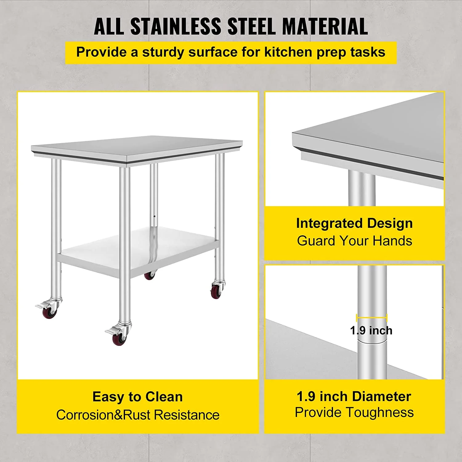 VEVOR Stainless Steel Work Table 36 x 24 inch with 4 Wheels Commercial Food Prep Worktable with Casters Heavy Duty Work Table for Commercial Kitchen Restaurant - Image 3