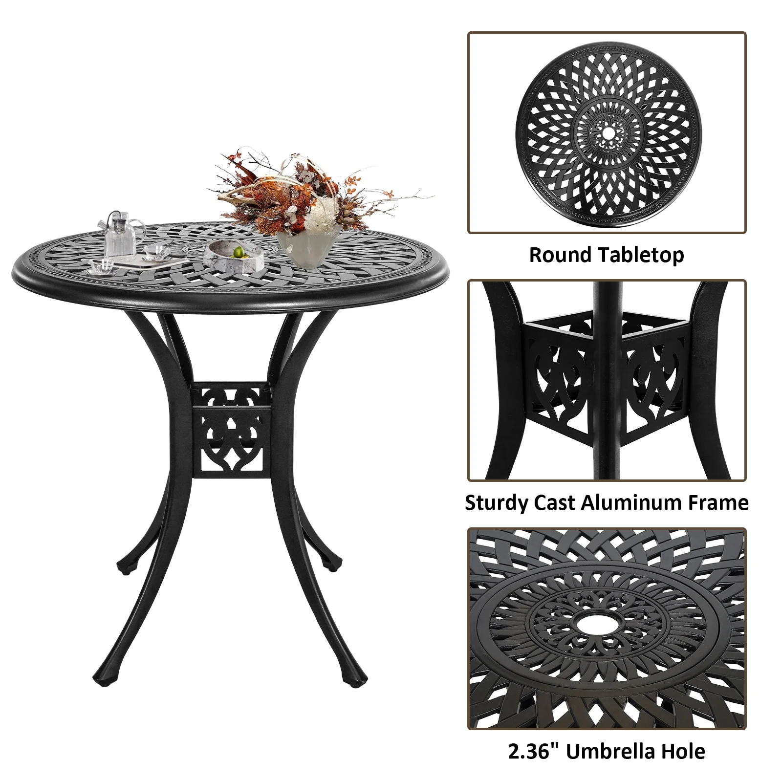 30.3 Inch Round Patio Table Cast Aluminum Patio Table,Metal Patio Dining Table with Umbrella Hole,All Weather Outdoor Bistro Dining Table for Backyard, Garden, Balcony, Black - Image 3
