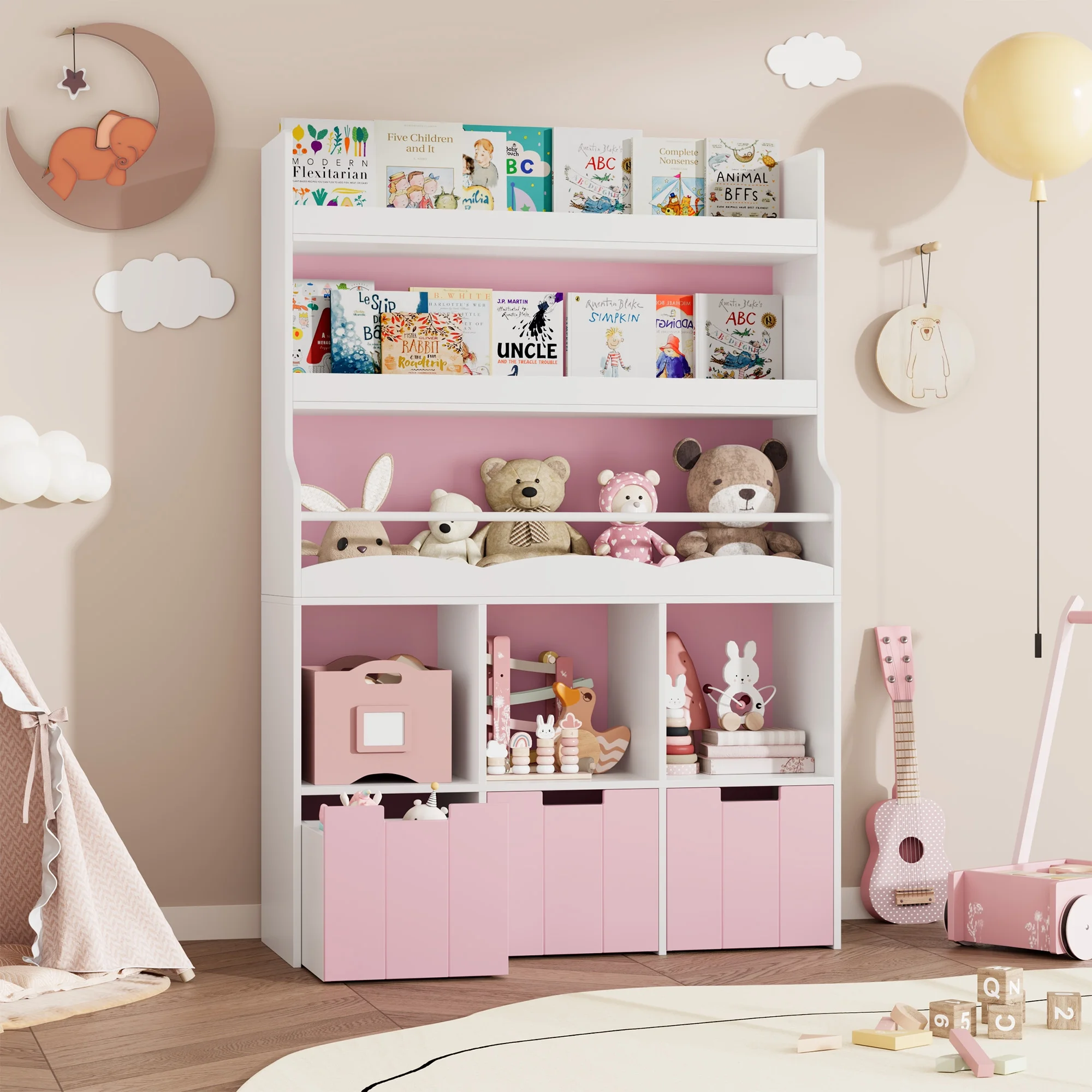 Homfa 55.5- H Kids Bookshelf with 2-Tier Book Shelves, Children Toy Organizer with 3 Cubes and Removable Drawers, White - Image 11