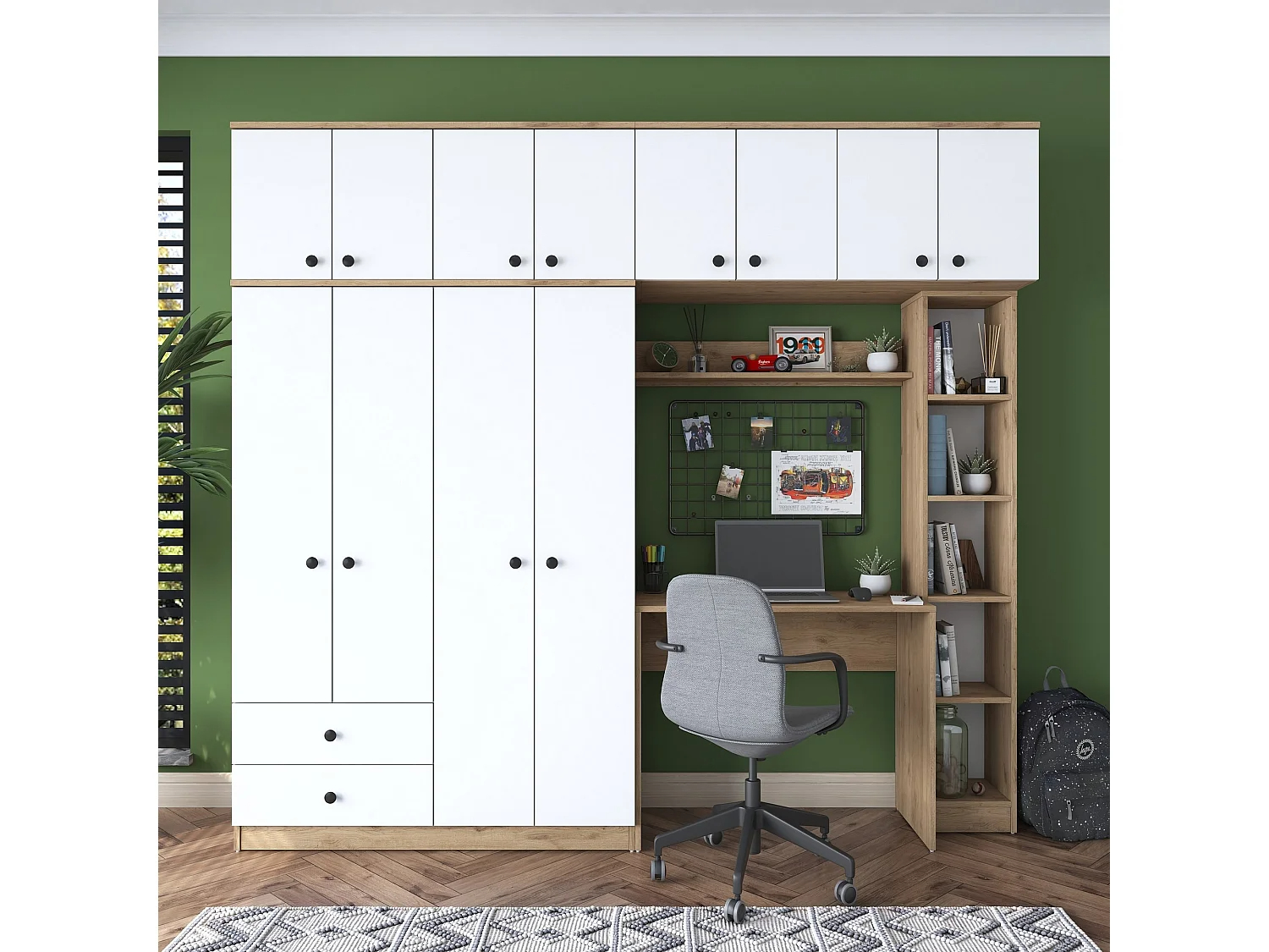 Armario con escritorio BA122 2697 blanco color nogal 240x216.8x42.5 cm