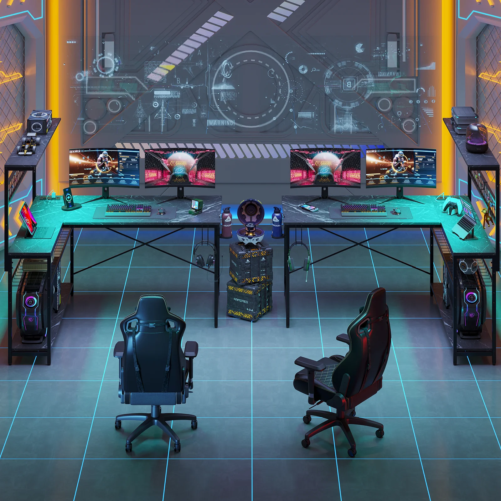 Bestier 51 L Shaped Gaming Desk with Power Outlets & LED Light, Computer Desk with 4 Tiers Shelves for Home Office, Reversible Gamer Table with Hooks and Cup Holder, Carbon Fiber - Image 29