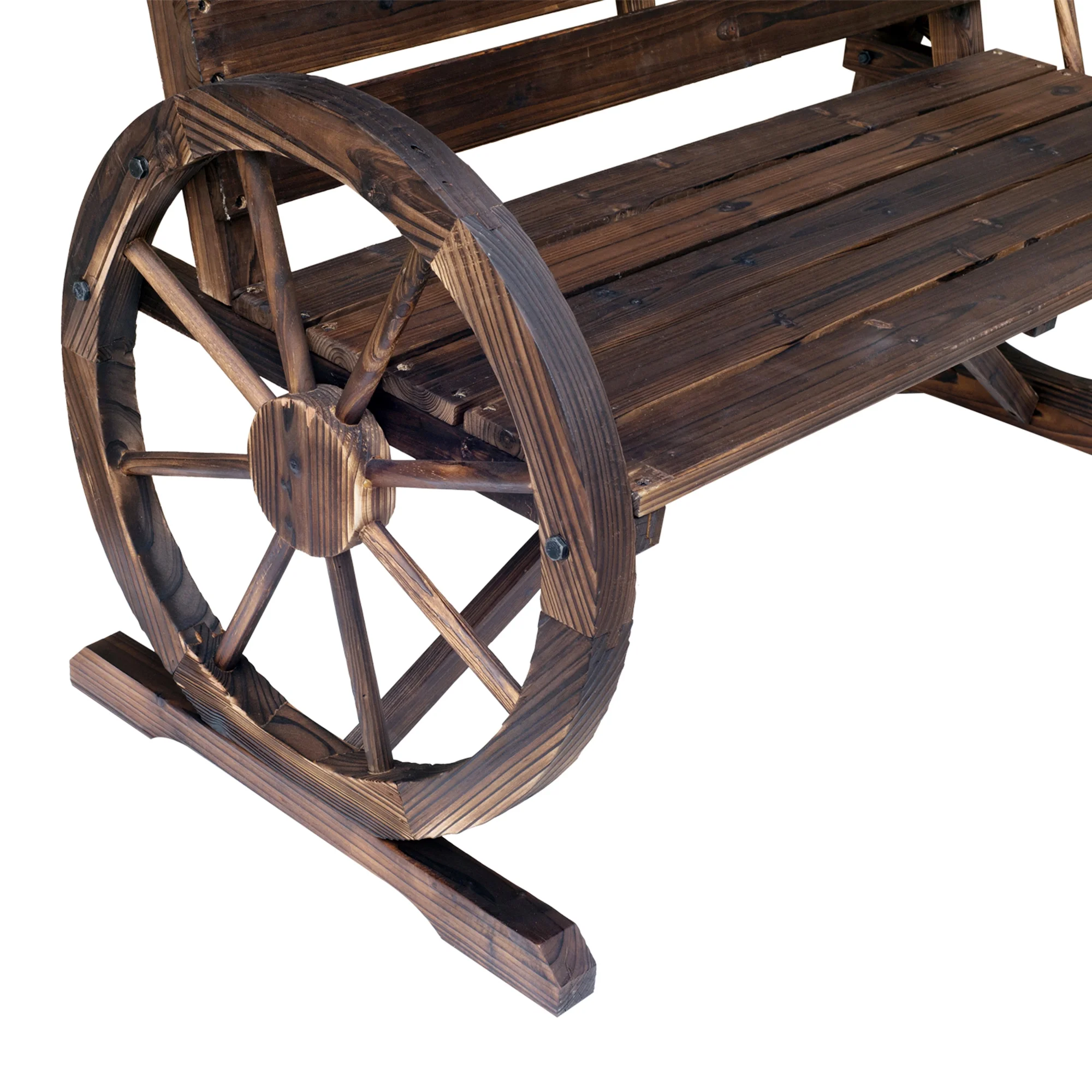 Outsunny Wooden Wagon Wheel Bench Rustic Outdoor Patio Furniture, 2-Person Seat Bench with Backrest Carbonized - Image 11