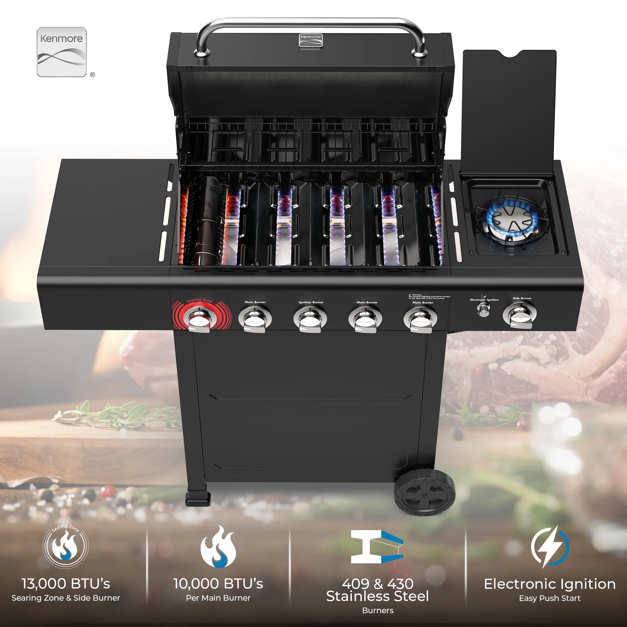 Kenmore BBQ Propane Gas Grill - 5 Burners with Side Burner & Searing Zone, 644 Sq. In. Stainless Steel Grill, 66,000 BTU, Ideal for Outdoor Cooking, Patio & Backyard, Black - Image 11