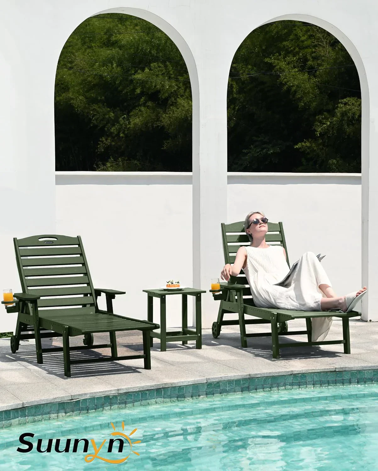 Lounge Chair Outdoor, Chaise Lounge, HDPE 6-Position Outdoor Chaise Lounge, Patio Lounge Chair with Wheels & Cup Holder for Pool Poolside Deck Backyard, Teak