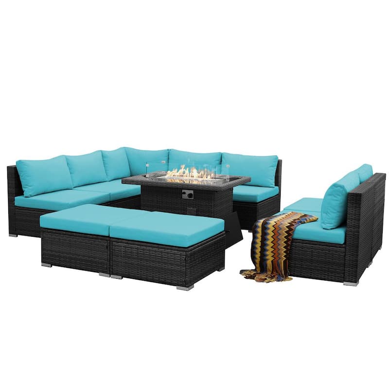 Set Seccional Profundo de 10 Piezas con Sofá de Rattan de Charcoal, Cojines Teal y Otomanes, con Fuego en el Centro, para Patio fq6199175