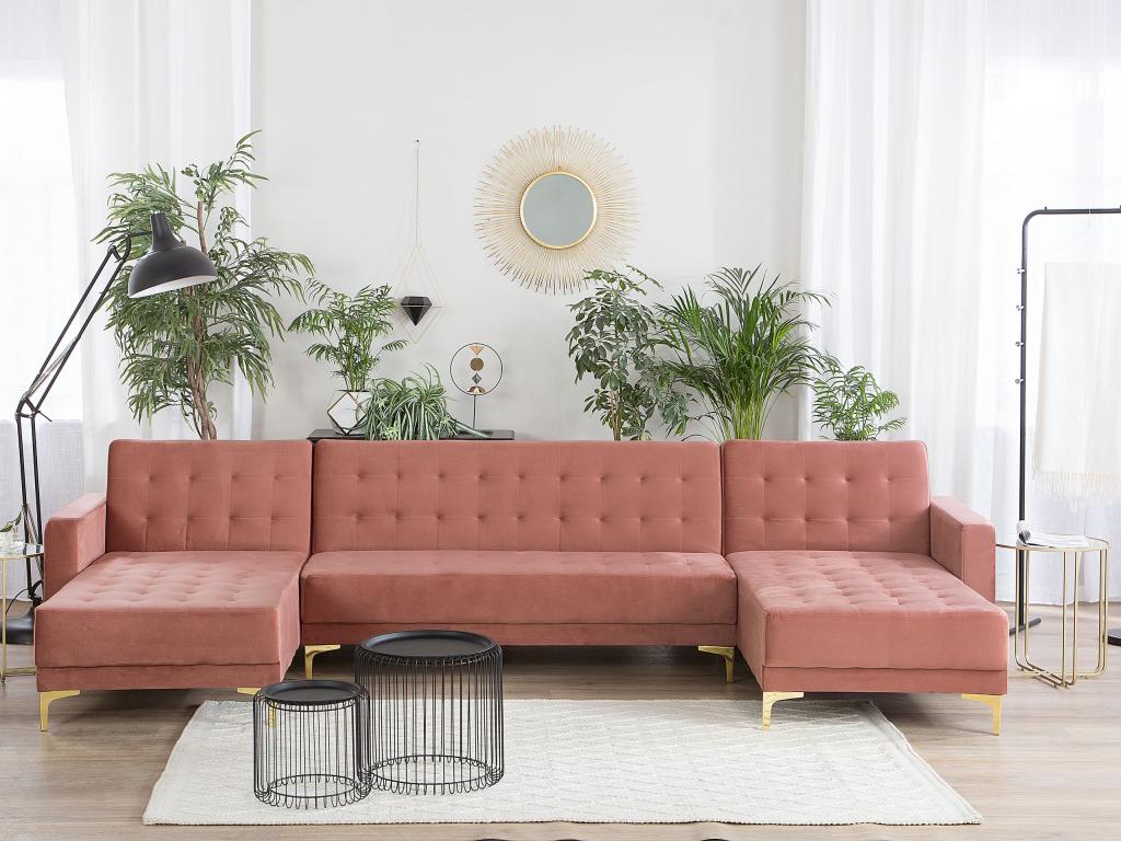 Sofá cama en forma de u de terciopelo rosa