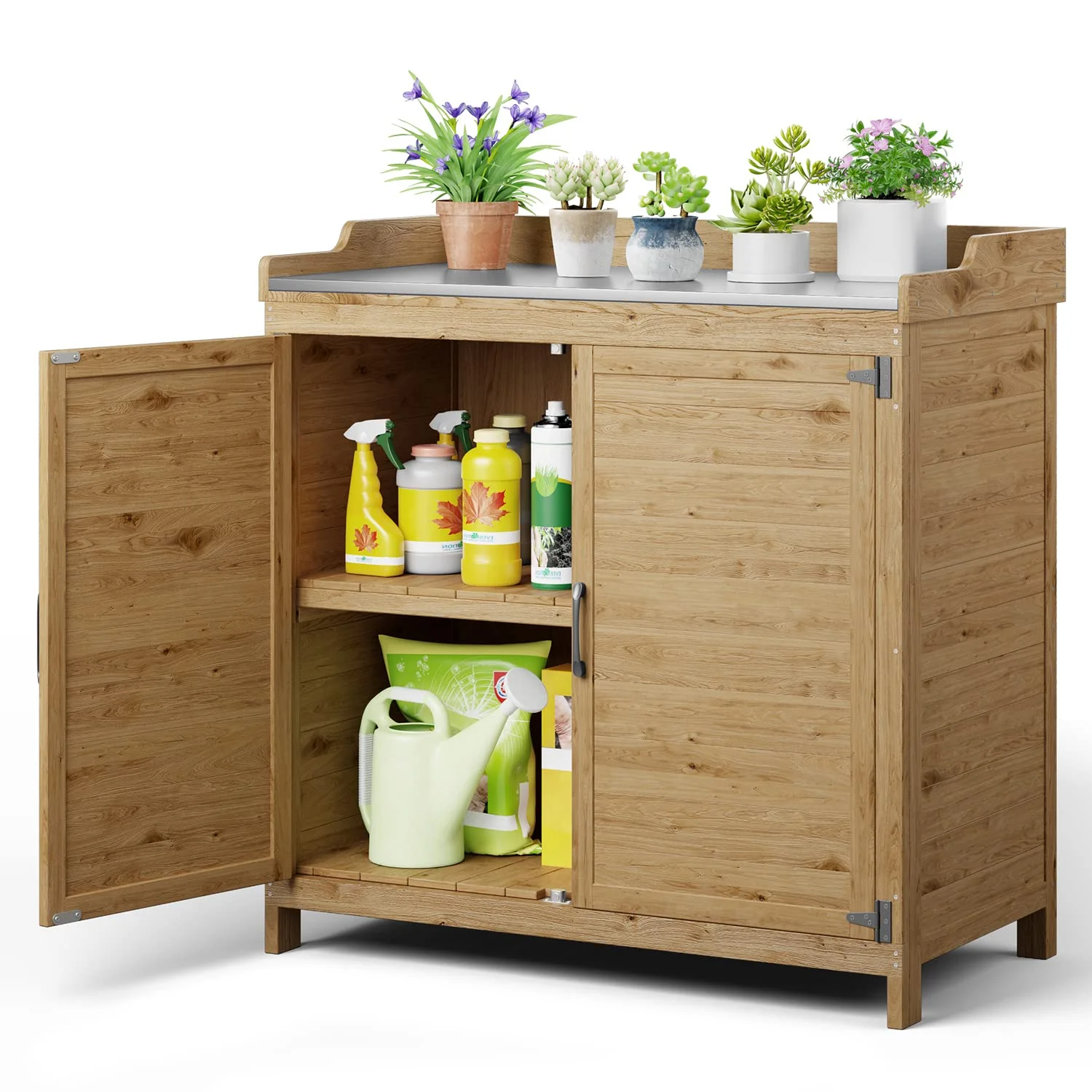 Lofka Outdoor Storage Cabinet, Outdoor Potting Bench Table with Removable Shelves for Yard, Garden, Waterproof Wood - Image 10