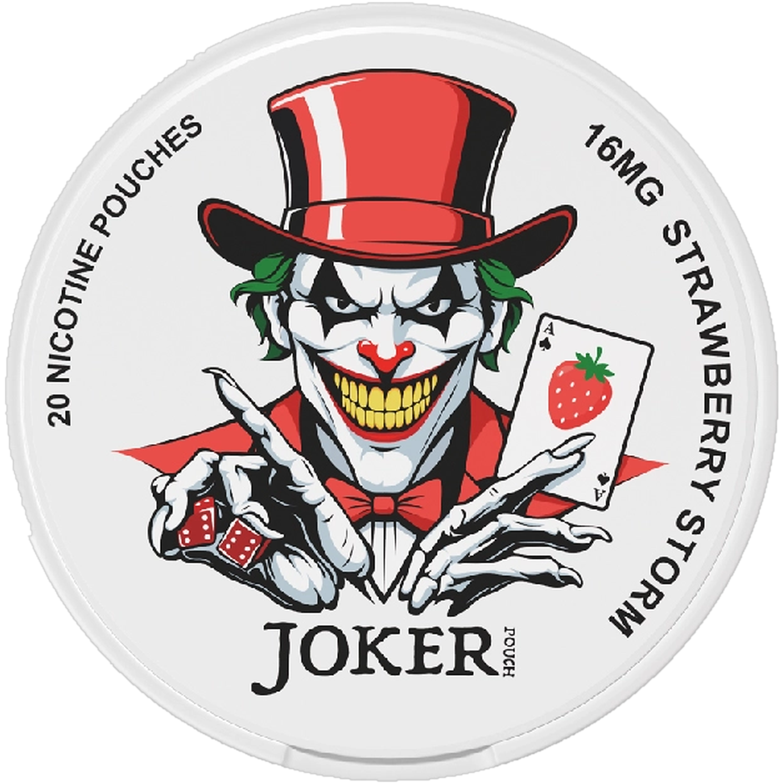 Joker Strawberry Storm 16mg nicotine pouches — Slim Moist Pouch can with 20 extra strong strawberry storm pouches
