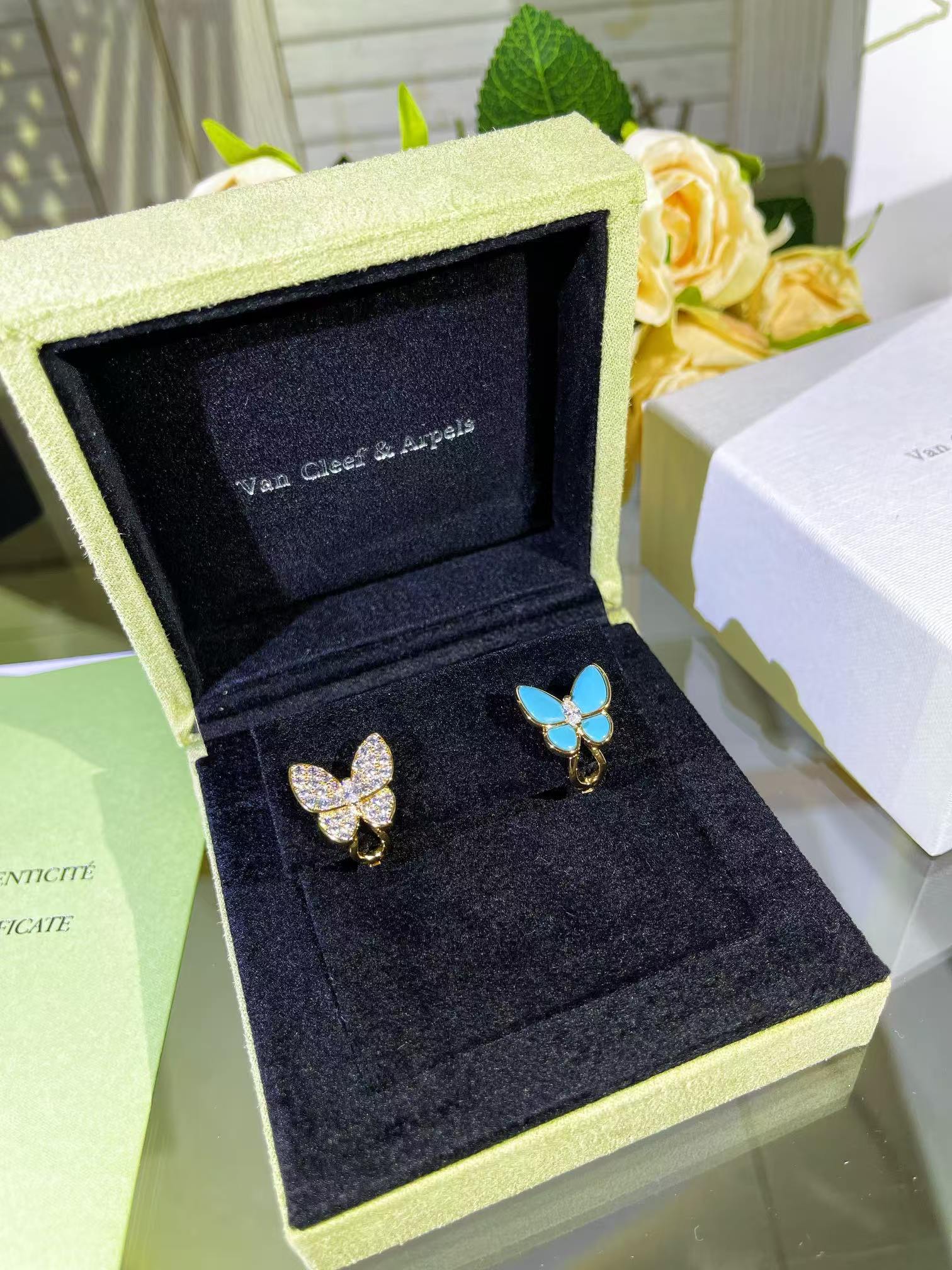 VCA Blue & Diamond Two Butterfly Earrings - Original Replica Club