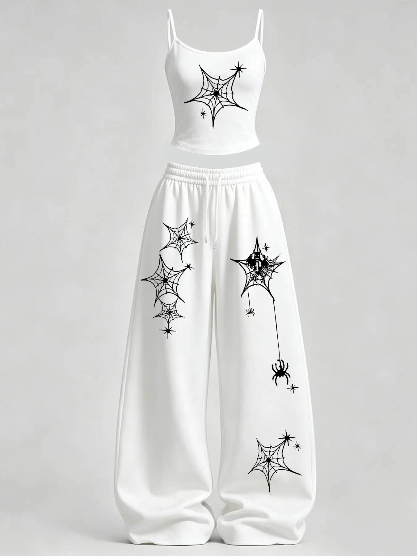 Women's Casual Spider Web Print Slim Fit Tank Top + Loose Baggy Pants Set TeeThreads Sustain the Scene with Custom Apparel