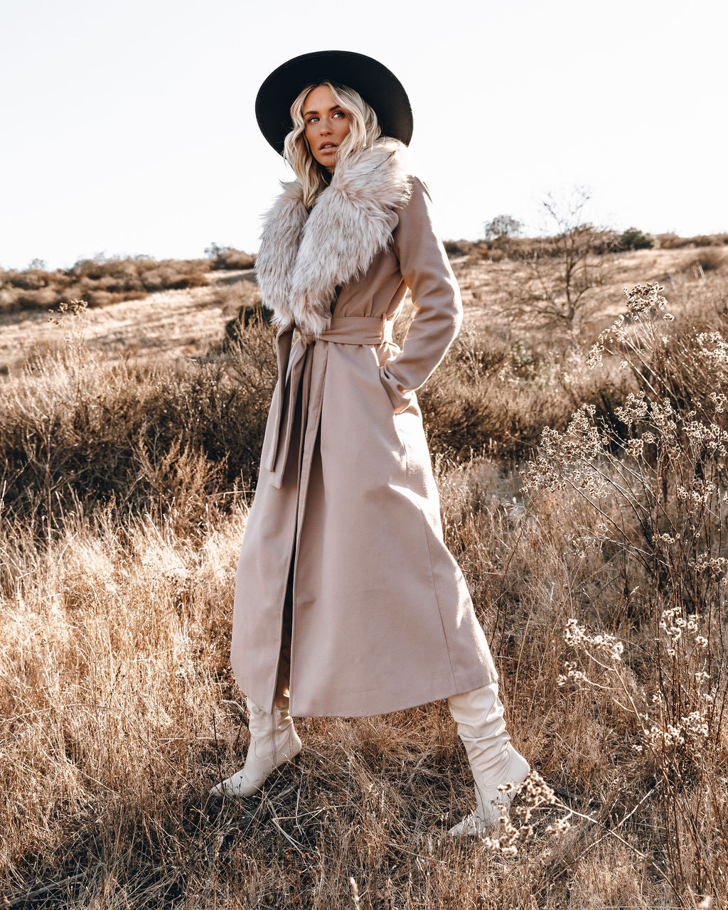 Frederica Pocketed Faux Fur Collar Coat - Se7enfashion
