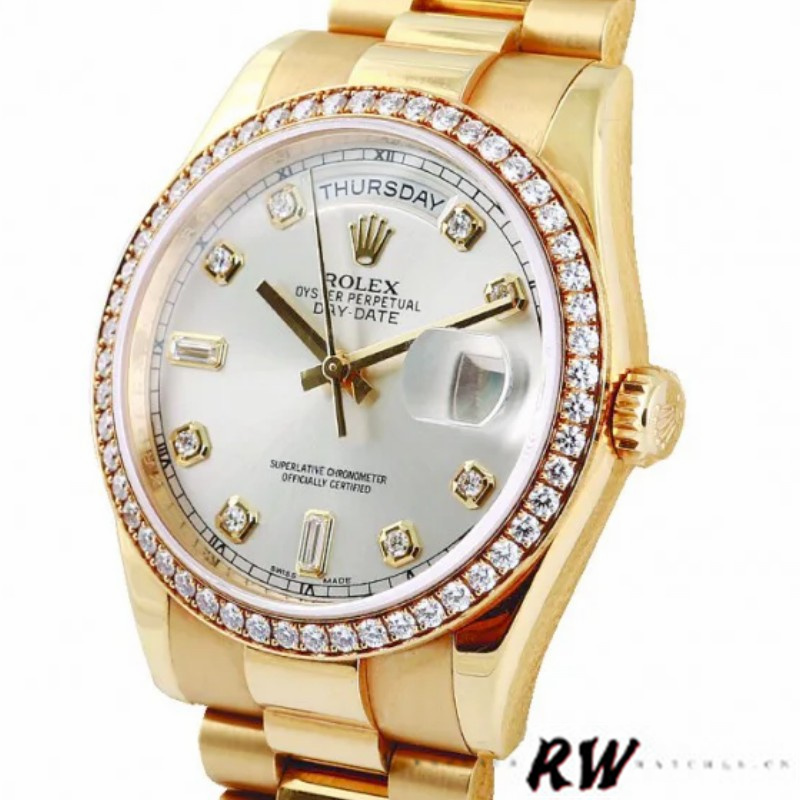 Rolex Day-Date 118348 Silver Diamond Dial 36mm Unisex Replica Watch