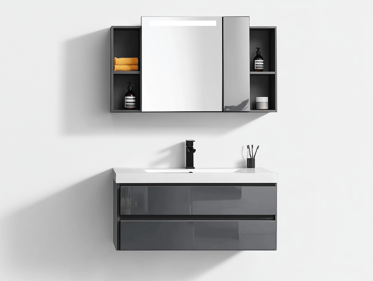 Mueble de baño suspendido 100 cm – gris brillo – con espejo armario y estantes abiertos