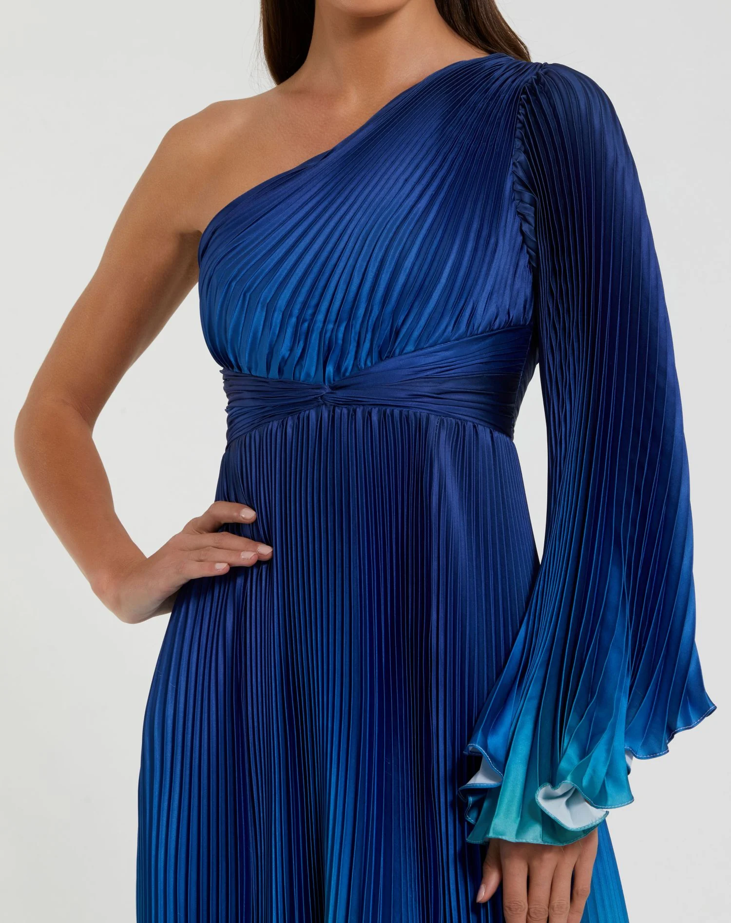 Petite Blue Pleated Charmeuse One Shoulder Ombre Gown - Special Events Unlimited