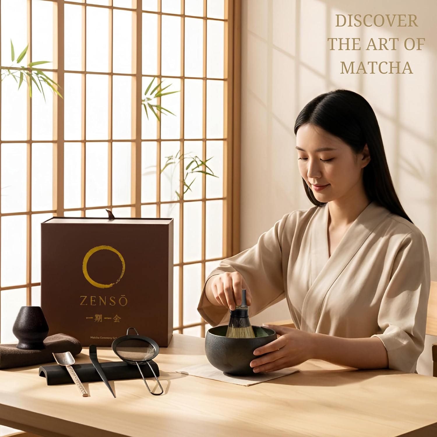 ZENSO Premium Matcha Whisk Set – 8 Piece Japanese Matcha Tea Ceremony Kit | Handmade Ceramics - Matcha Bowl, Purple Bamboo Whisk, Whisk Holder, Sifter, Scoop & Scoop Holder, Cloth, Spoon - Dark Gray