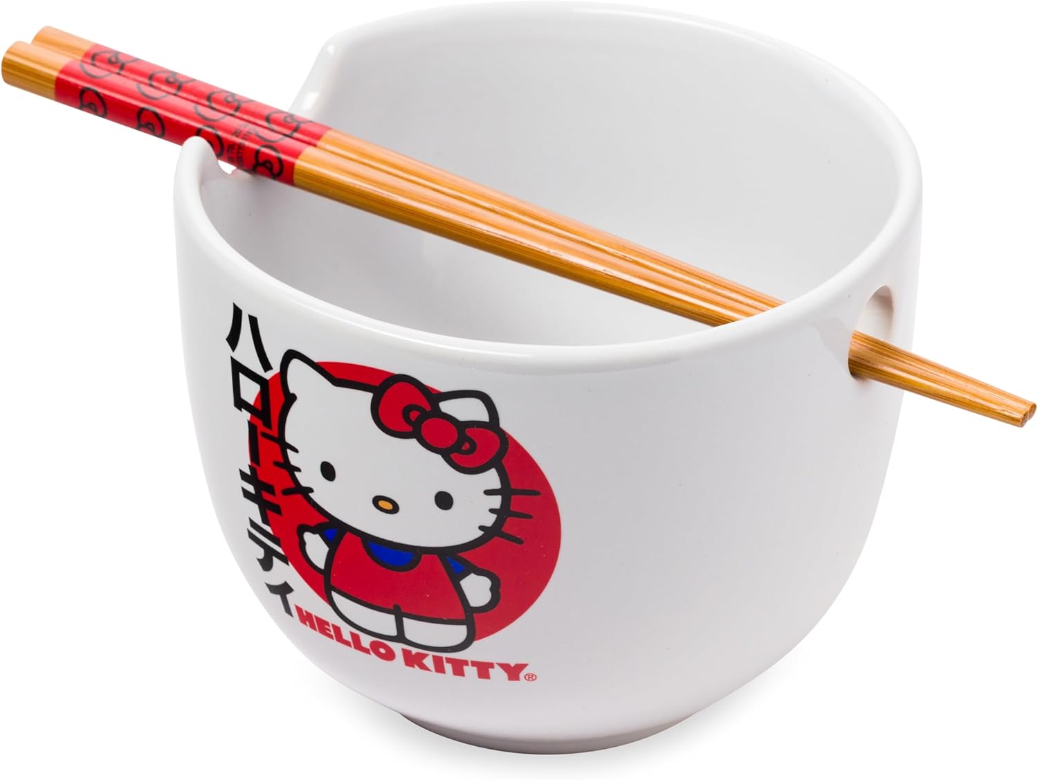 Silver Buffalo Sanrio Hello Kitty Face with Different Color Bows Pattern Ceramic Ramen Noodle Rice Bowl with Chopsticks, Microwave Safe, 20 Ounces