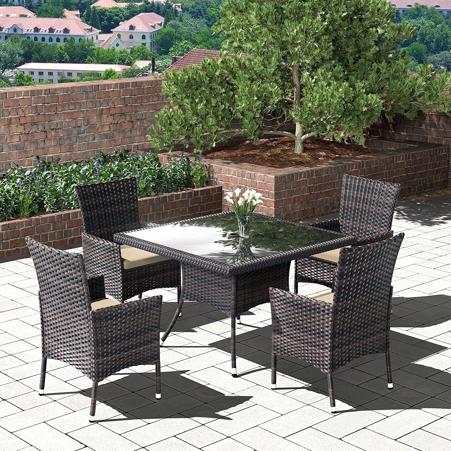 ALAULM 5 Pieces Patio Dining Set Outdoor Rattan Furniture with Square Glass Tabletop 4 Chairs with Cushions for Patio, Backyard Outdoor Kitchen Lawn & Garden Blue - Image 34