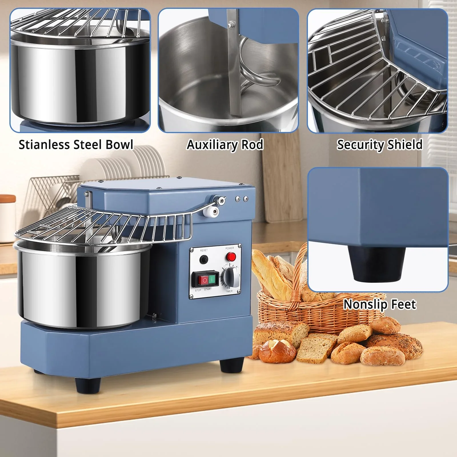 2025  8Qt Commercial Food Mixer, 450W Dual Rotating Dough Kneading Machine w Food-grade Stainless Steel Bowl, Security Shield & Timer, Commercial