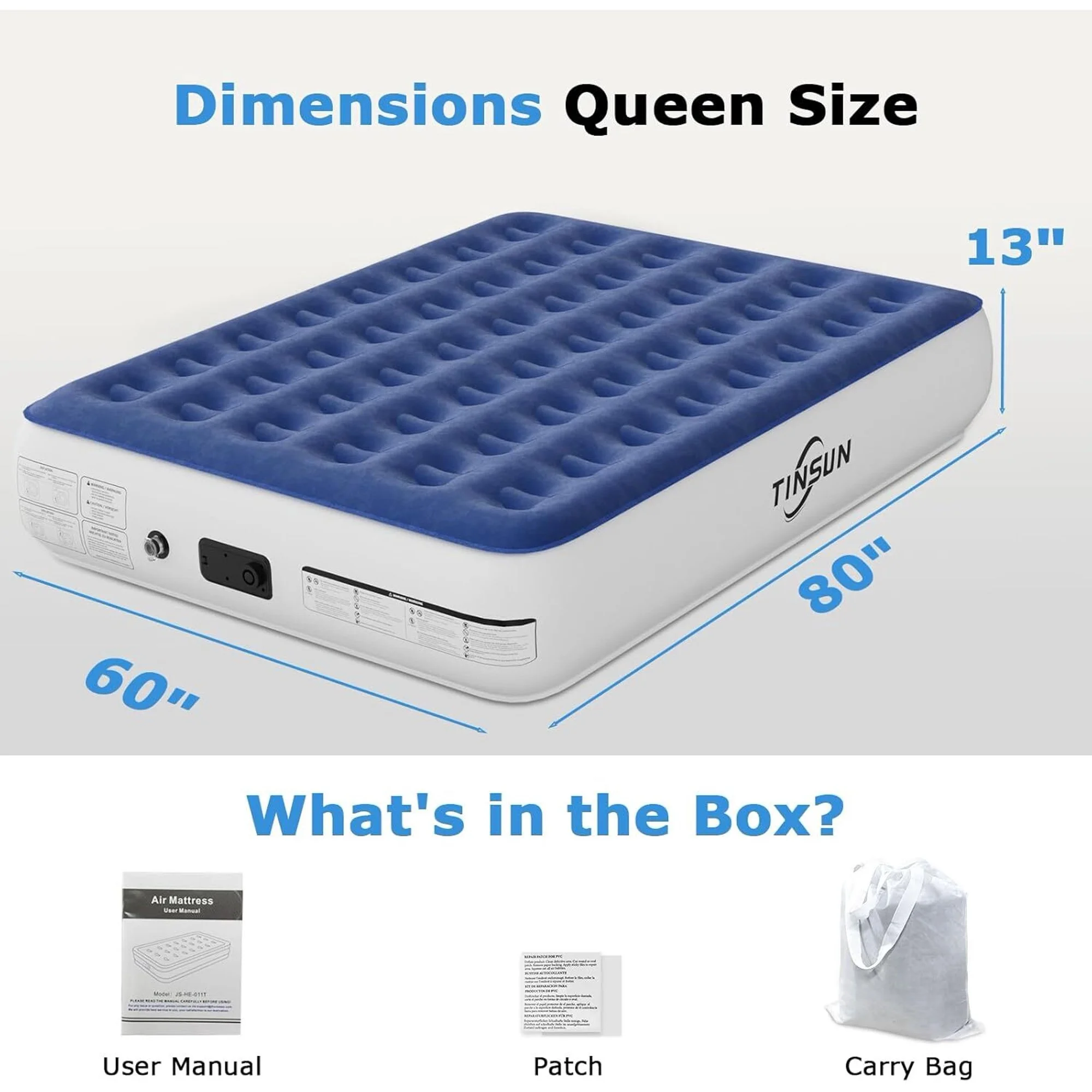 13" Queen Air Mattress, Portable Inflatable Blow Up Bed with Built-in Pump, Air Bed for Camping, Beach, Outdoor, Guest, Blue - Image 7