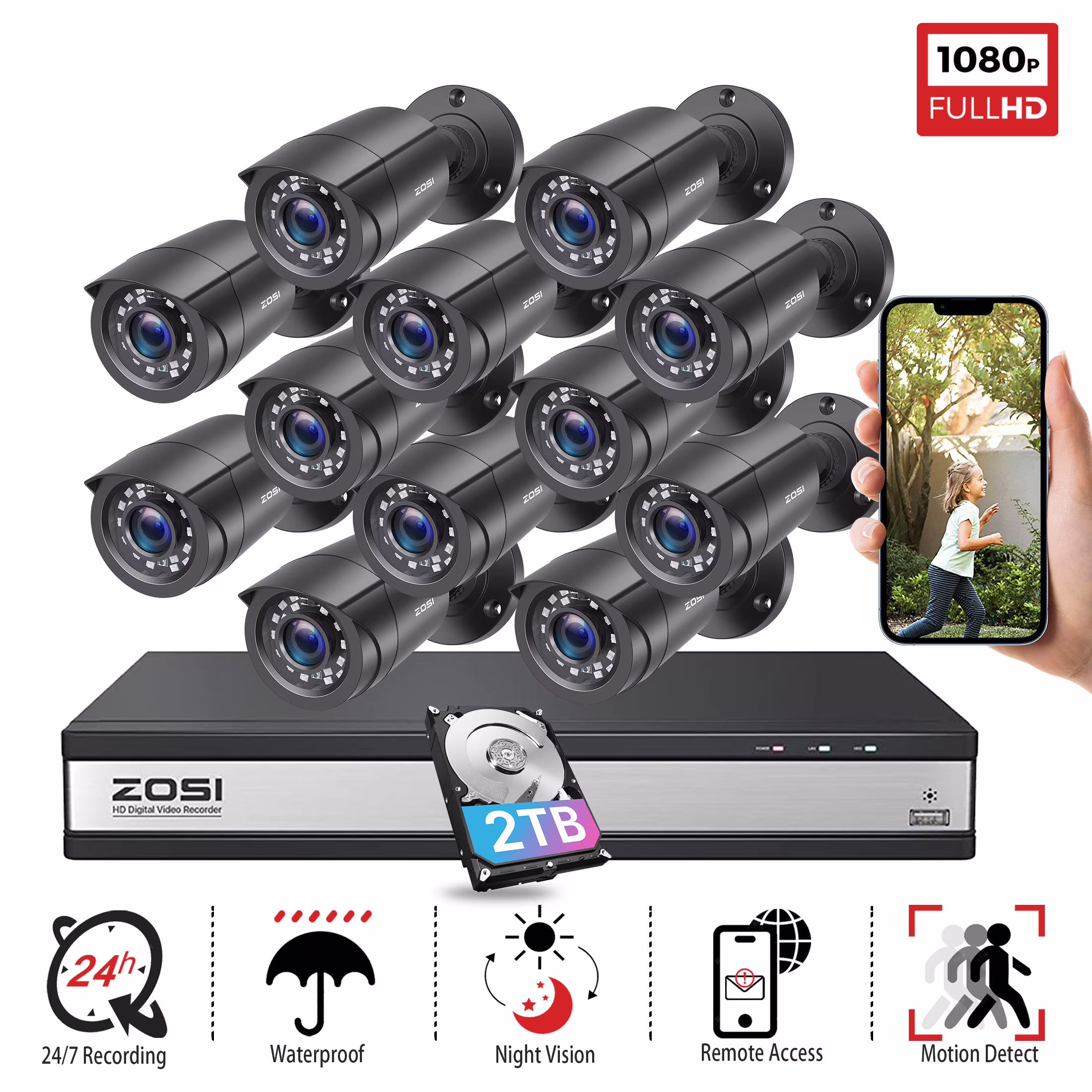 ZOSI H.265+ H.265+ 1080p 16CH 5MP Security Camera with 2TB Hard Drive, 12 Count(12 Cameras)