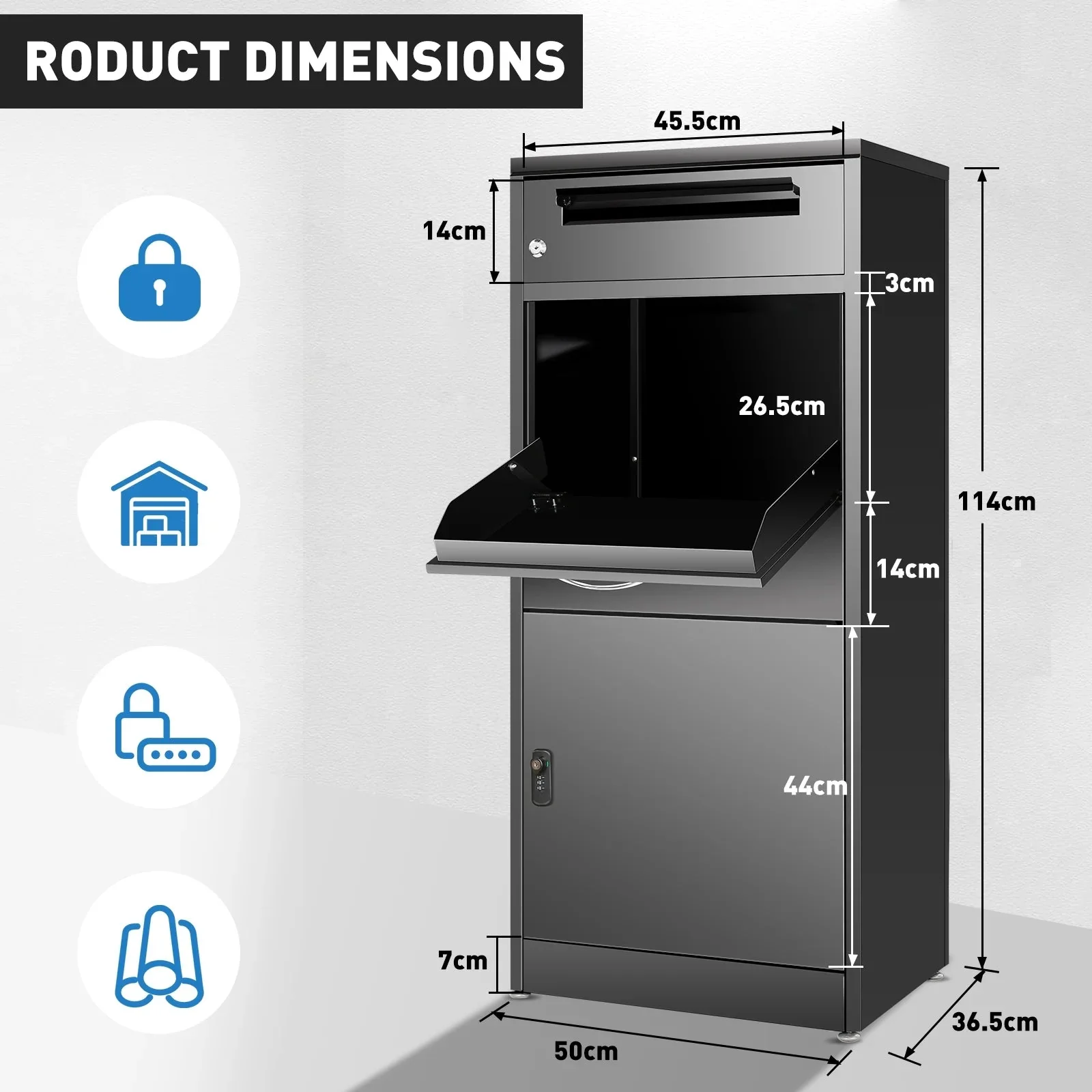 Gaonala Steel Package Delivery Box 19.6x14.4x44.9in Lockable Weather-Resistant Black - Image 6 Gaonala Steel Package Delivery Box 19.6x14.4x44.9in Lockable Weather-Resistant Black - Image 6