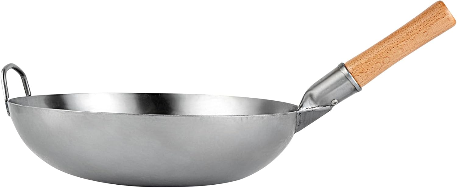 Restaurantware Carbon Steel Wok 1 Pack of 14 Inch Heavy-Duty Stir Fry Pan Silver Hand Hammered Wok Efficient Maneuvering Steel Helper Handle Uniform Heat Distribution Asian Cooking