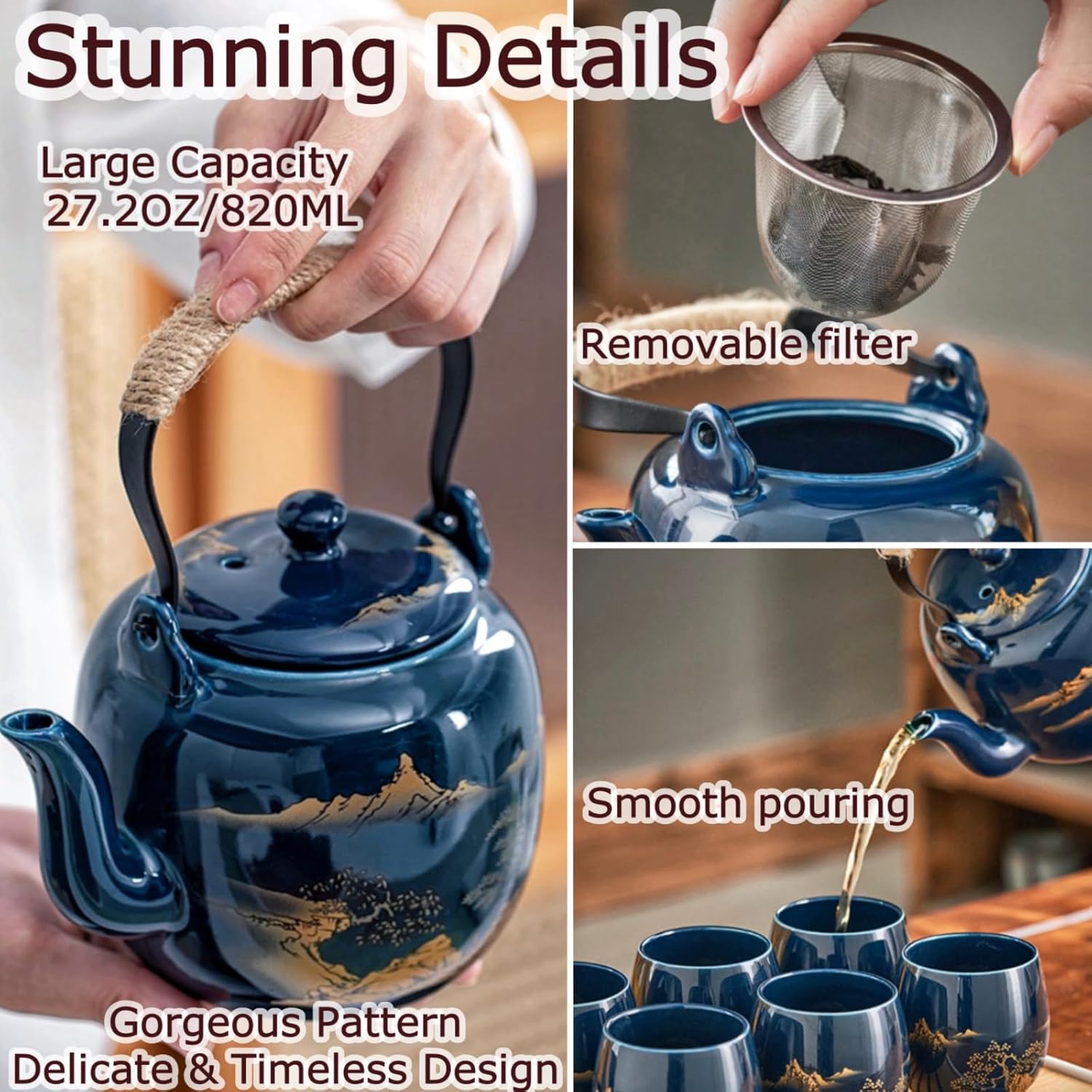 Japanese Tea Set of 6, 40oz Blue Porcelain Teapot and 6 Cups, Gold Hand-Painted Teaware with Stainless Steel Infuser and Tray, Traditional Style Gift for Tea Lovers, Mother's Day, Birthday