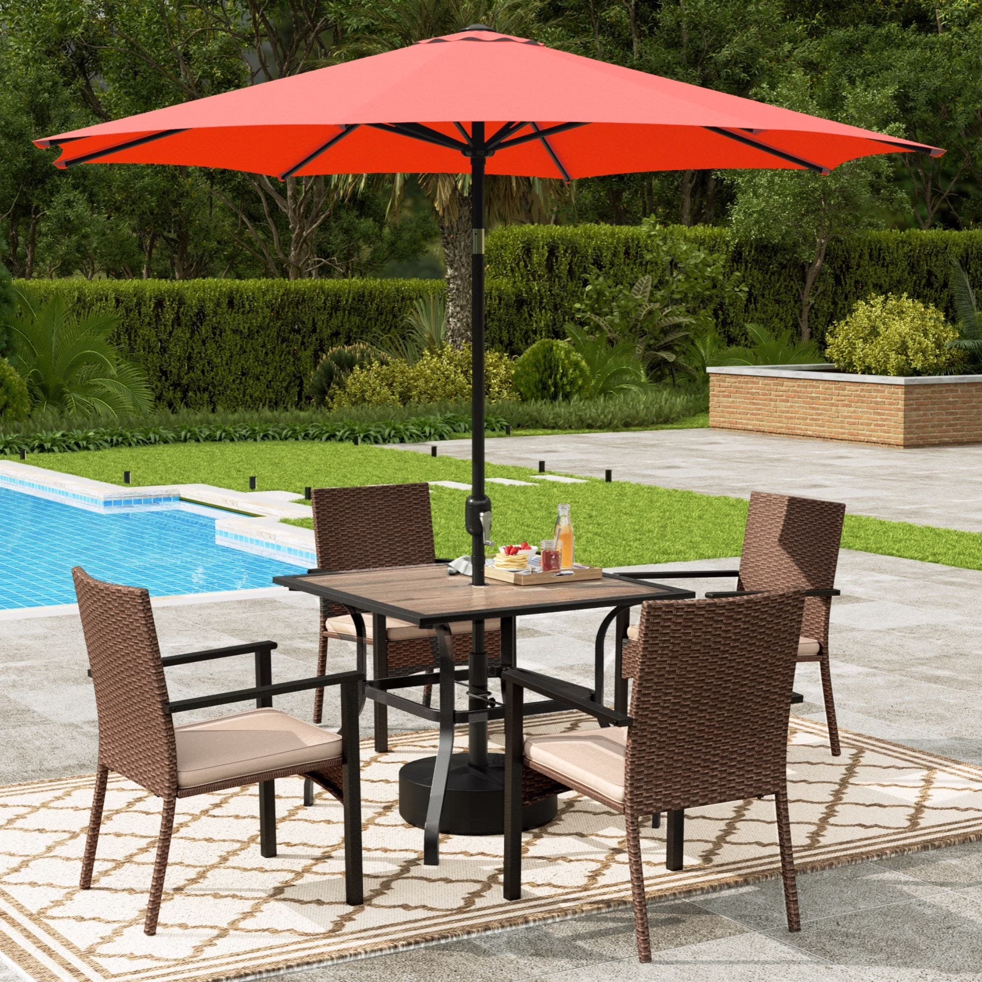Alpha Joy 8-Piece Outdoor Patio Dining Set with 13 ft Umbrella, Rattan Chairs & Rectangle Table Set for 6, Beige Umbrella - Image 5