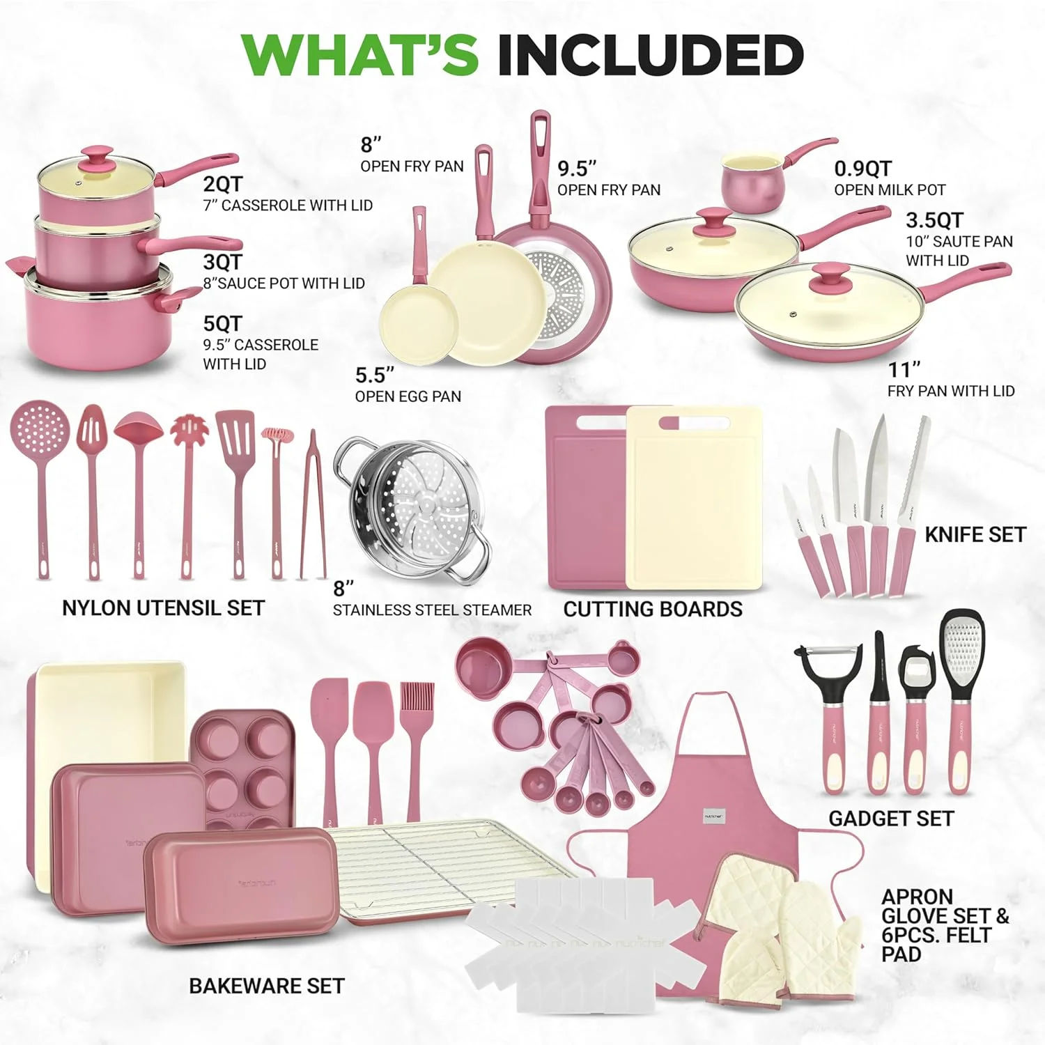 54-Piece Kitchen Cookware Set -C Complete Non-Stick Ceramic Pots and Pans Set with Utensils, Bakeware, and Knife Set, Gas, Electric & Induction Compatible, Blush Pink Kitchen Essentials - Image 16