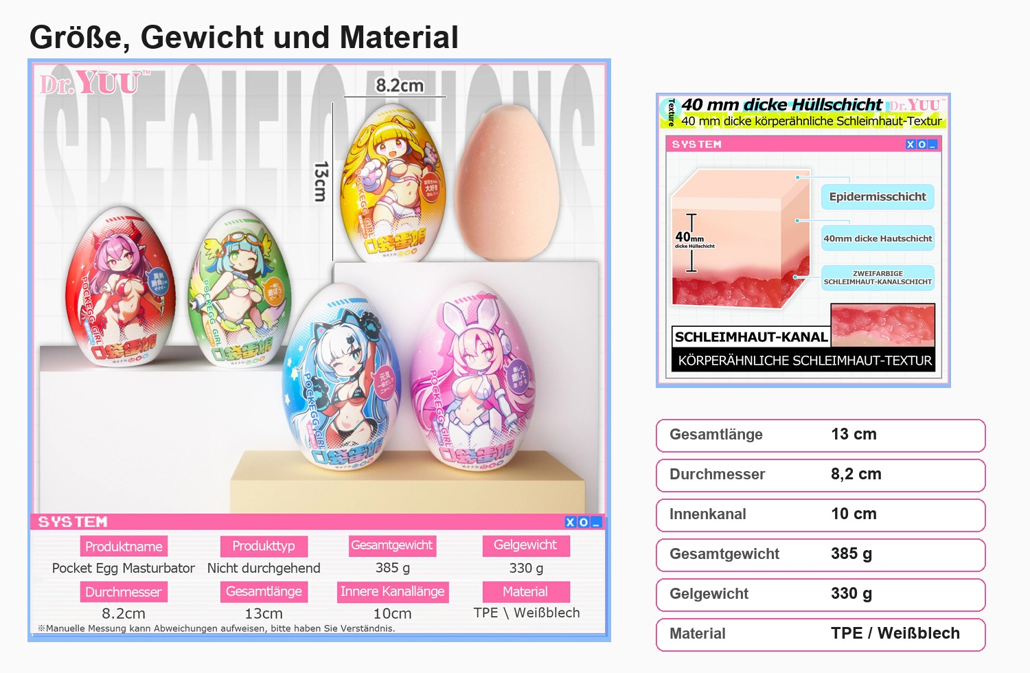 Größe, Gewicht und Material des Pocket Egg Masturbators mit 13 cm Länge und 8,2 cm Durchmesser